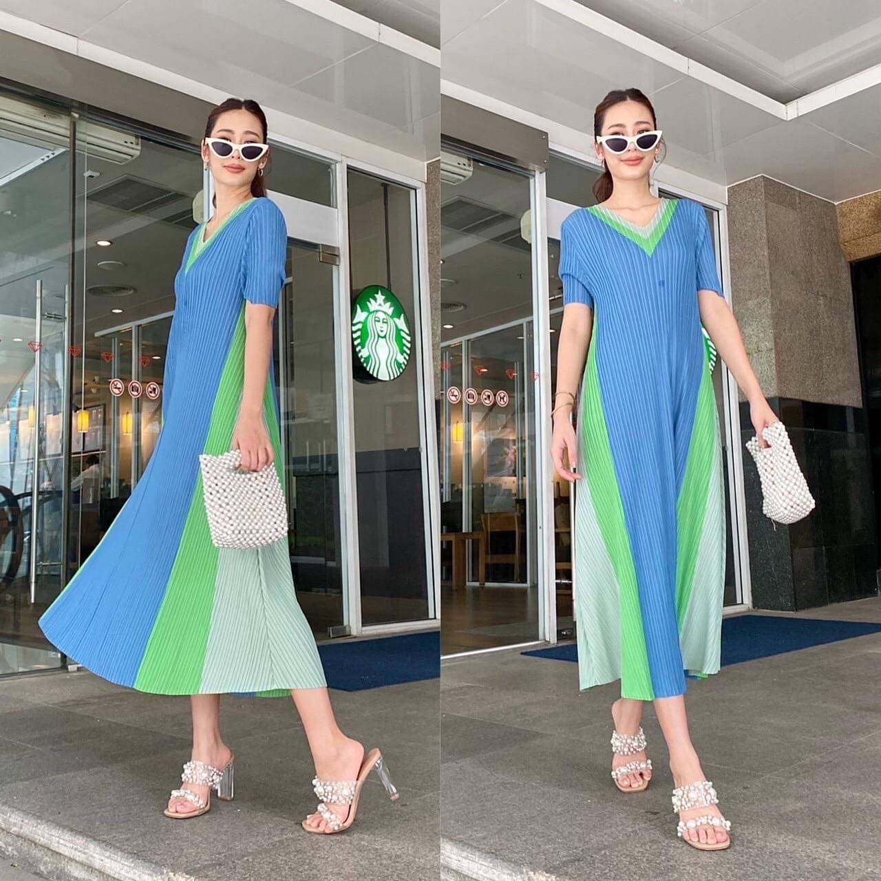 เดรสอัดพลีท ทรงปล่อย ตัวยาว งานสวย Premium 👍🏻 แพตเทิร์นคอวี V แขน 3 ส่วน สินค้าคุณภาพ (พร้อมส่ง)