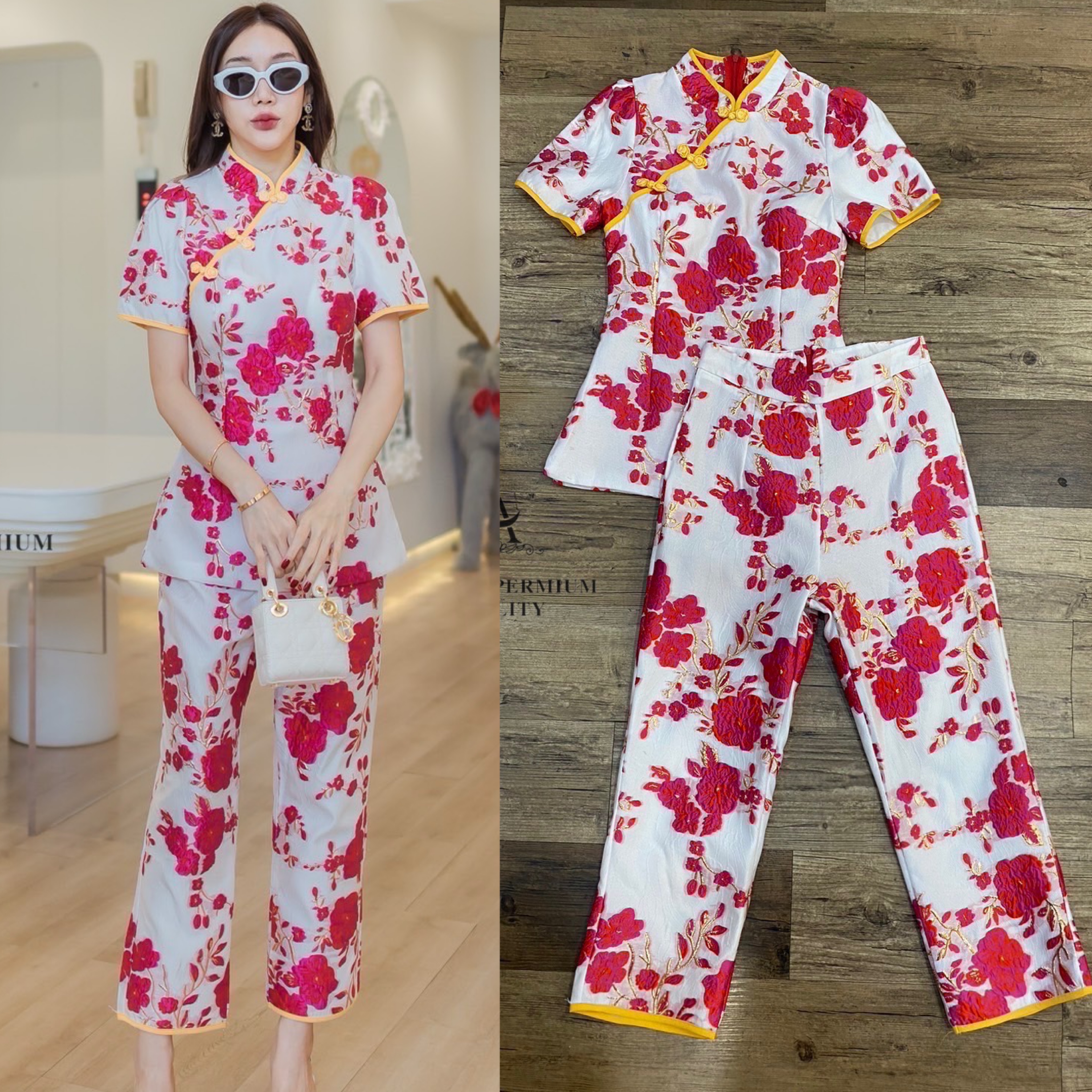 เซต 2 ชิ้น เสื้อแขนสั้นคอจีนผ่าหน้า แมทกับ กางเกงเอวสูงขายาว เนื้อผ้าทอลายดอกตัดทอง มีซับในพร้อมอัดกาวทั้งชุด สินค้าคุณภาพ (พร้อมส่ง)
