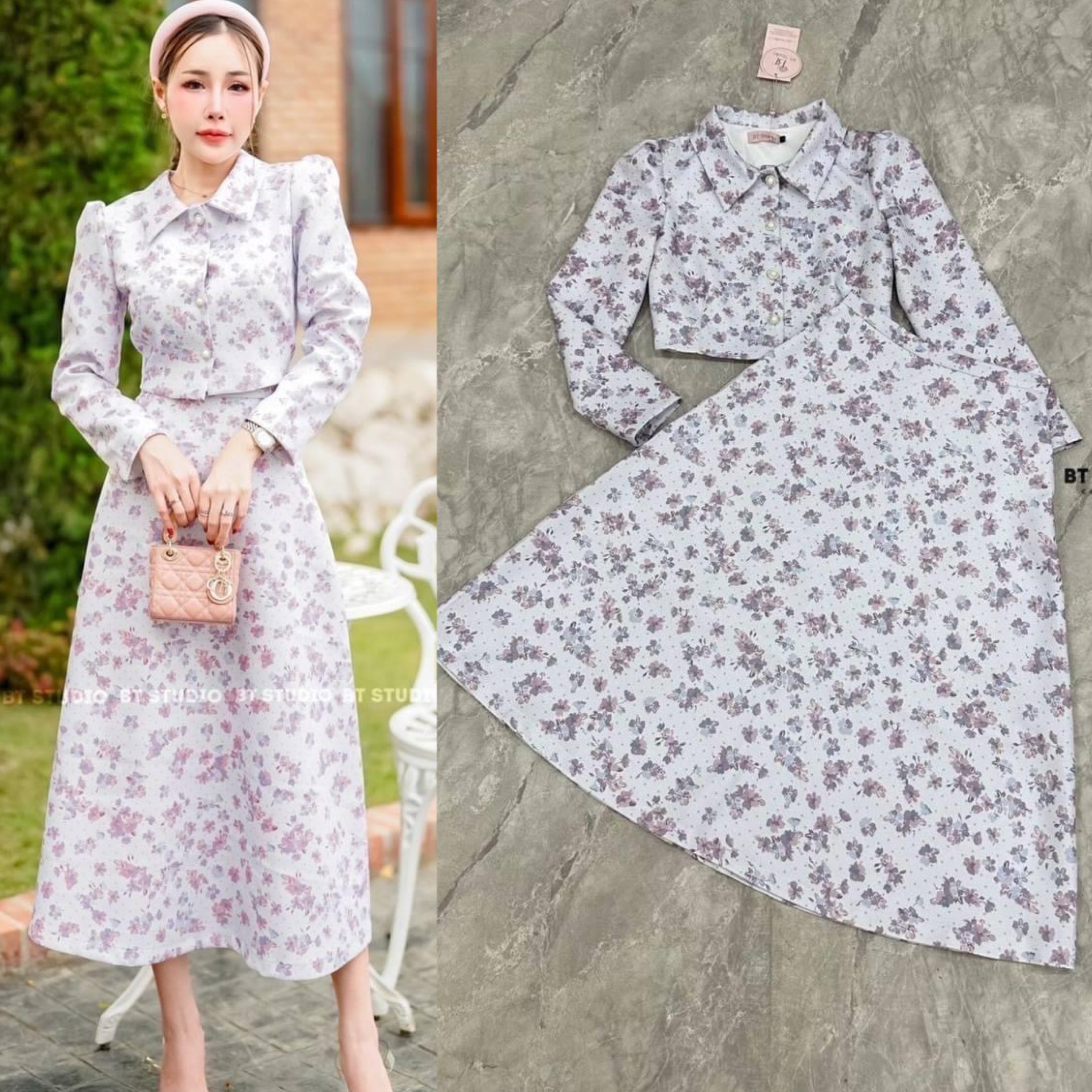 เซท 2 ชิ้น เสื้อแขนยาวคอปก กระดุมหน้ากระดุมมุก แมทซ์กับกระโปรง บานออก งานพิมพ์ลายดอกไม้ มีซับใน เนื้อผ้าดี คัตติ๊งเป๊ะ สินค้าคุณภาพ (พร้อมส่ง)