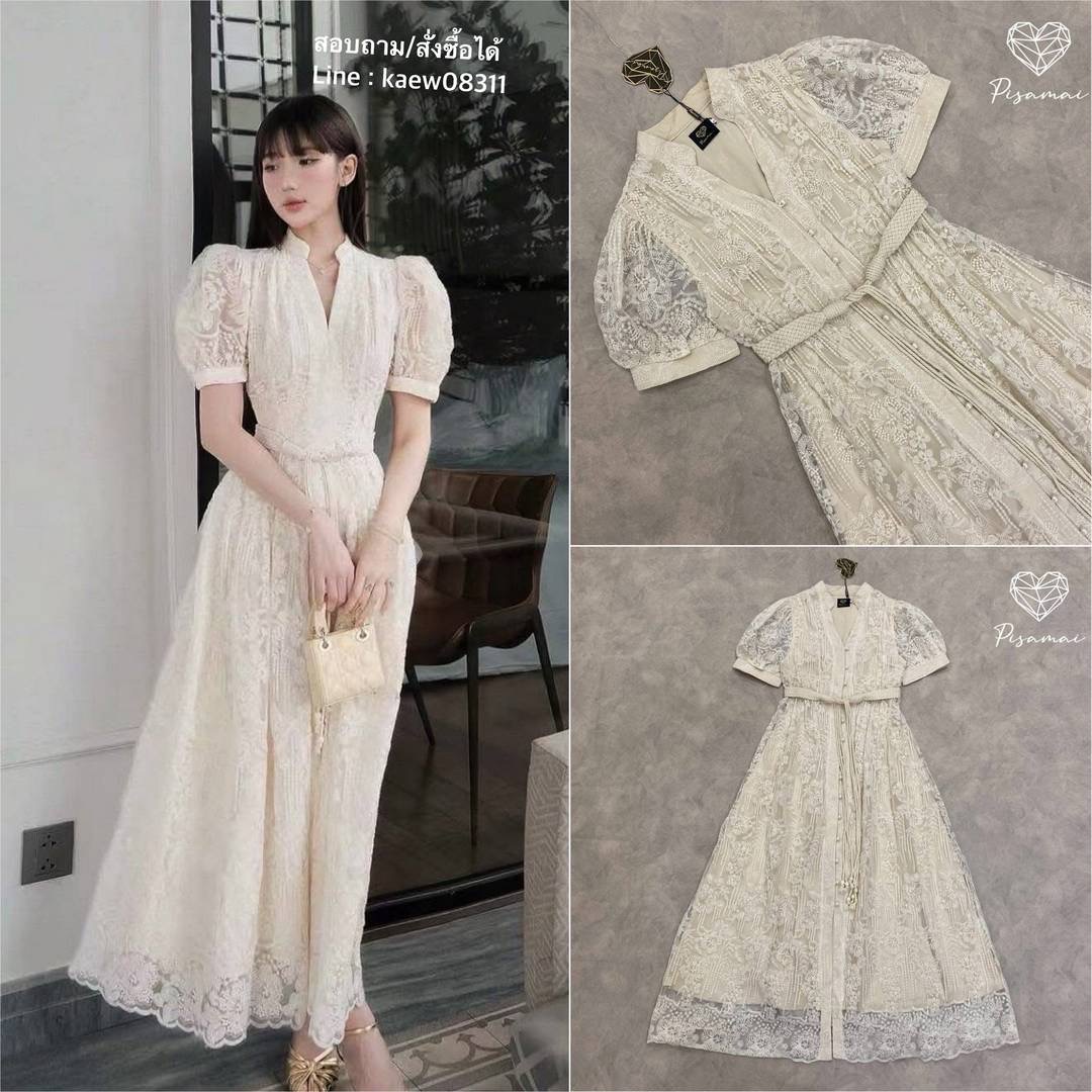 เดรสสีครีมงานฉลุลูกไม้ตัวยาวมาพร้อมเชือกเข้าเซ็ต งานบุญ งานบวช ใส่ได้ทุกโอกาส ใส่สบาย : สินค้าคุณภาพ (พร้อมส่ง)