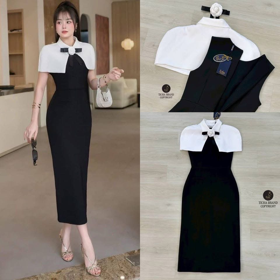 Set 2 ชิ้น เดรสยาวแขนกุดสีดำทรงเข้ารูป อกเสริมฟองน้ำ ซิปหลังช่อน มีชับในตัว มาพร้อมเสื้อคลุมไหล่สั้นสีขาวมีเข็มกลัดดอกไม้สีขาวตกแต่งด้วยริบบิ้นสีดำ ใส่สบาย : สินค้าคุณภาพ (พร้อมส่ง)