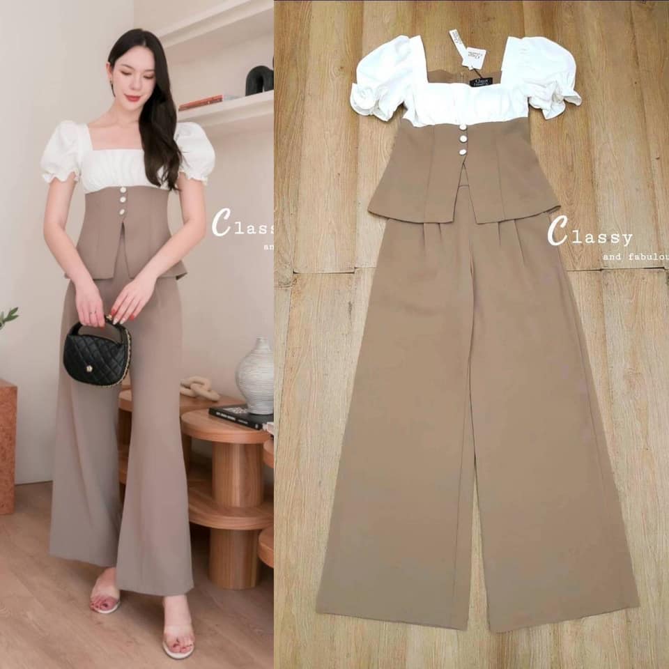 เซตเสื้อ+กางเกงขายาว เสื้อคอเหลี่ยม แขนตุ๊กตาสีทูโทน ดีเทลผ่าชายด้านหน้าเล็กน้อยชนขอบกางเกงพอดี ไม่โป๊นะคะ ตกแต่งกระดุมหลอก มีฟองน้ำ มีซิปหลัง คู่กับกางเกงเอวสูง ใส่สบาย : สินค้าคุณภาพ (พร้อมส่ง)