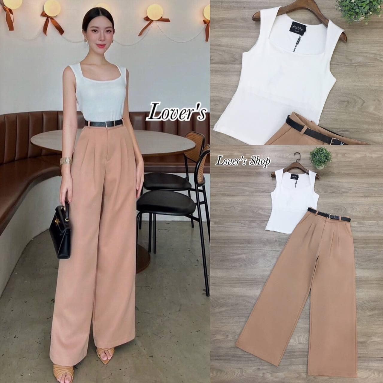 Set.3ชิ้น เสื้อยืดแขนสั้น +กางเกงเอวสูง ทรงขากระบอก +เข็มขัดหนัง ใส่สบาย สินค้าคุณภาพ (พร้อมส่ง)