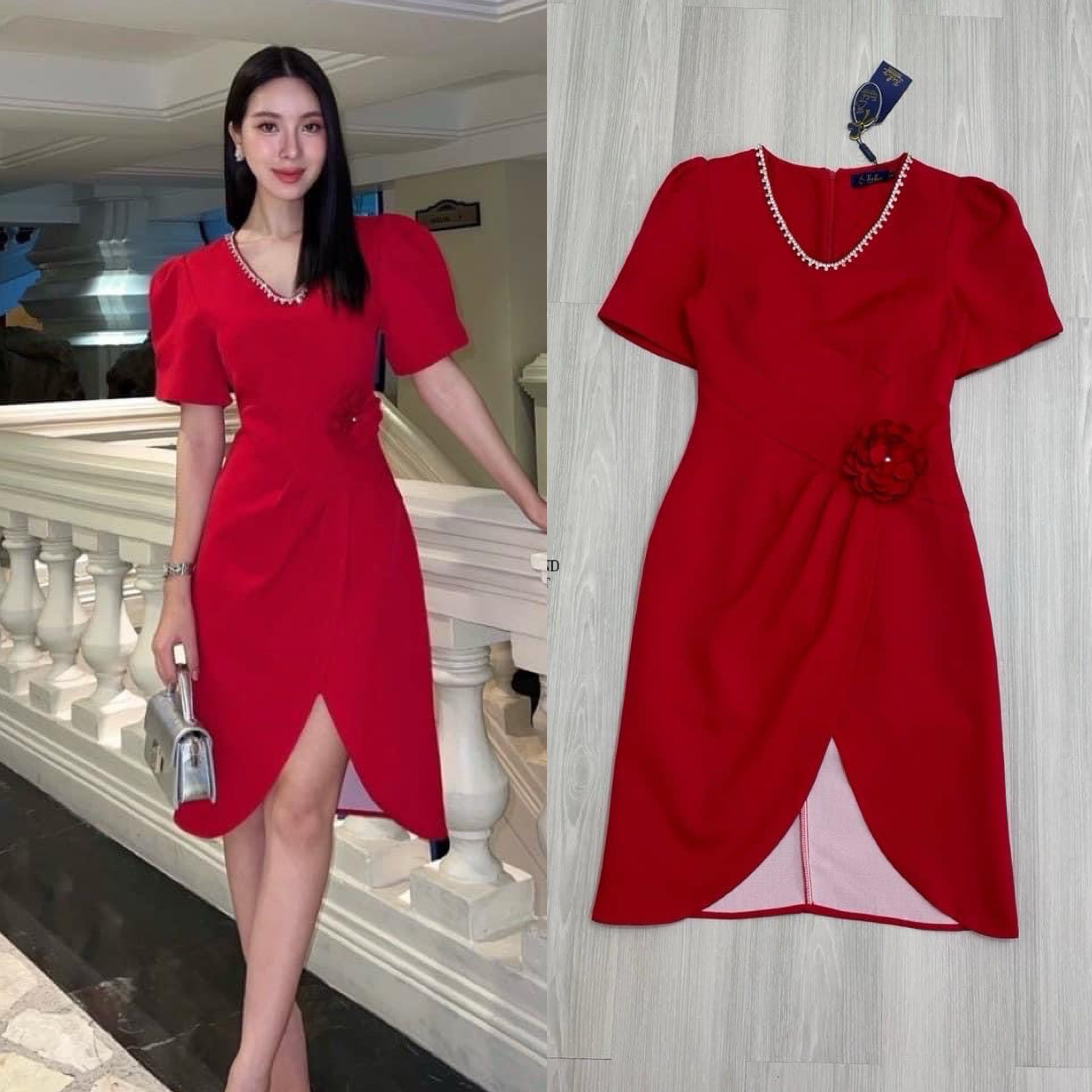 เดรสแขนสั้นสีแดง ดีไซน์เย็บ ยกไหล่ดีไซน์สวย ช่วงคอเย็บติดอะไหล่เพชร ดูหรูมากๆดีเทลเข็มกลัดดอกไม้มุก ใส่สบาย : สินค้าคุณภาพ (พร้อมส่ง)