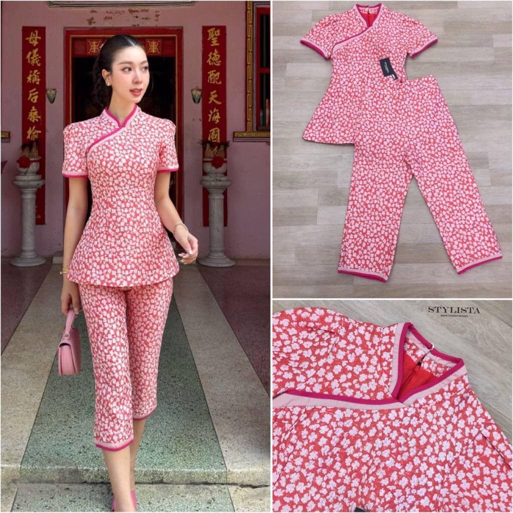 เซตกี่เพ้า เสื้อตรุษจีนแขนสั้น คอจีน มาพร้อมกางเกงขายาวเข้าชุด ใส่สวยน่ารักมากๆ ใส่สบาย : สินค้าคุณภาพ (พร้อมส่ง)