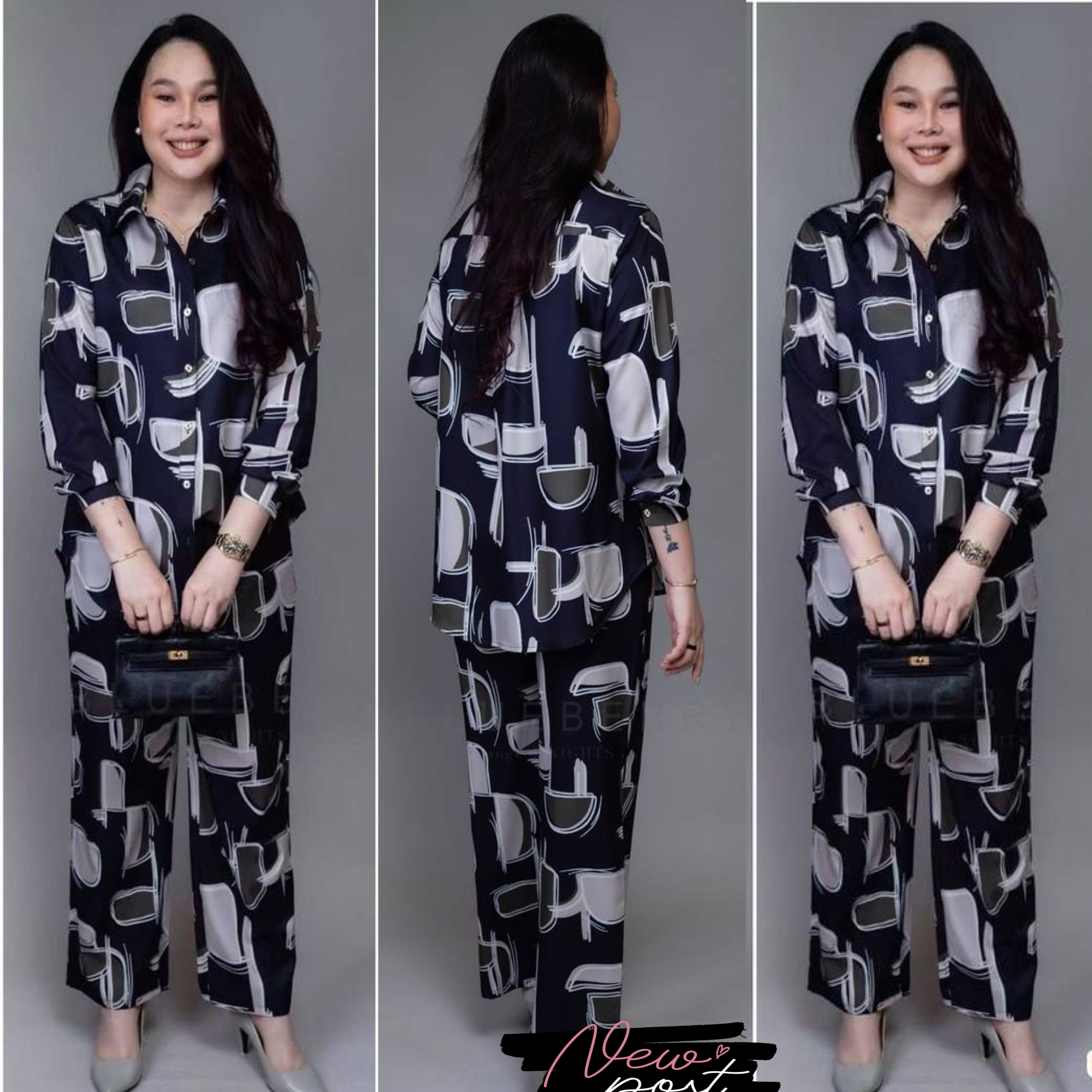 ชุดเซ็ตเสื้อเชิ้ต กางเกงขายาว ผ้าโพลีเอสเตอร์พิมพ์ลายทั้งตัว เสื้อเชิ้ตแขนยาวปลายแขนเชิ้ตติดกระดุม แพทเทิร์นกางเกงขายาว เอวยางยืดอิลาสติกอย่างดี มีซับใน ใส่สบาย : สินค้าคุณภาพ (พร้อมส่ง)