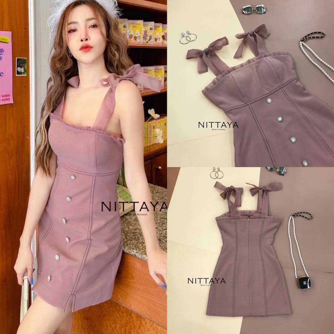 เดรสชมพูกะปิ สายริบบิ้นแต่ง ด้วยกระดุมไข่มุก เดินด้ายสีดำ สินค้าคุณภาพ (พร้อมส่ง)