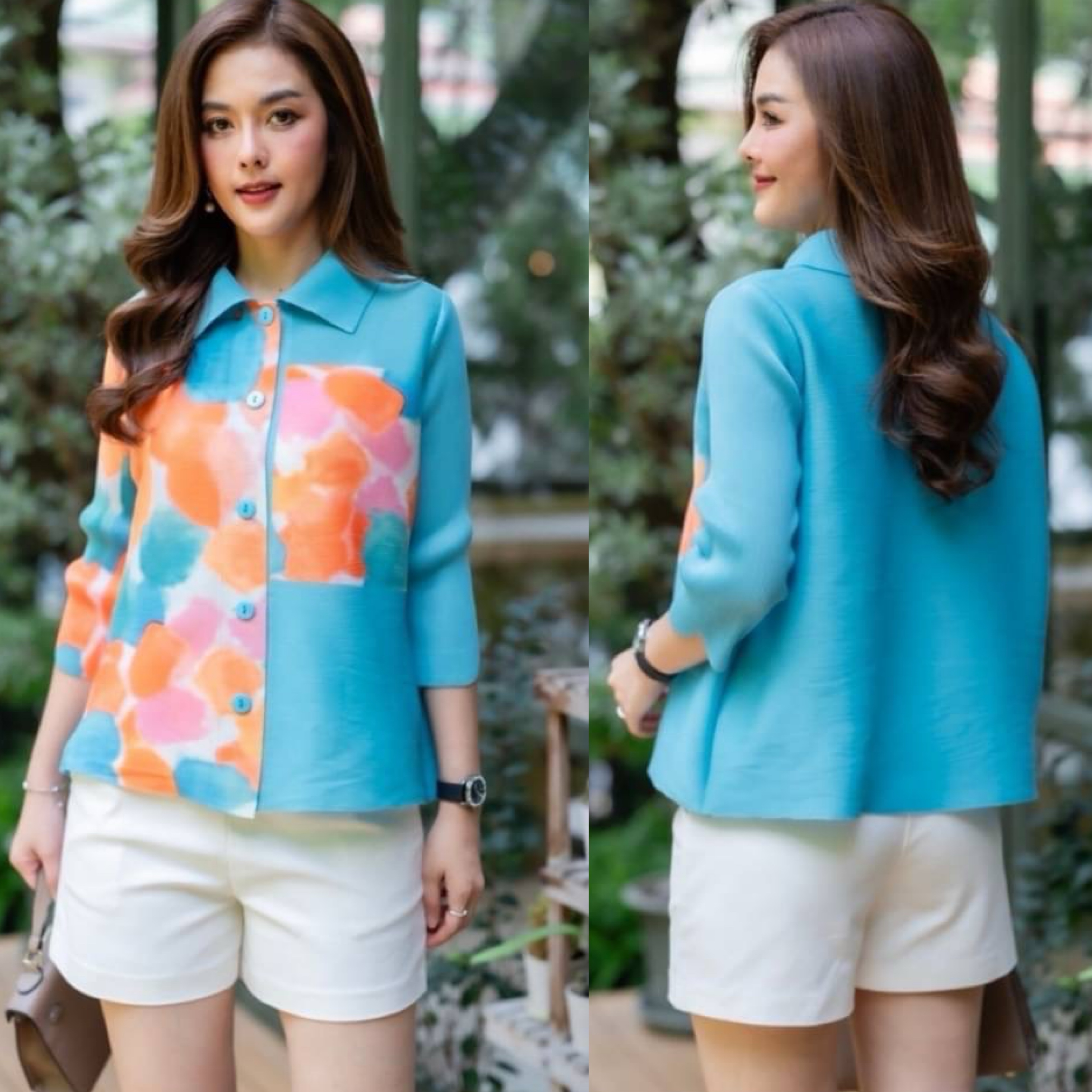 เสื้อเชิ้ตผ้าอัดพลีทลายกราฟฟิกผสมผสาน ลายเส้นสีสันทำออกมาได้อย่างลงตัว ผ้ายืดหยุ่นได้ทั้งตัว เสื้อคลุมเนื้อแน่นๆ : สินค้าคุณภาพ (พร้อมส่ง)