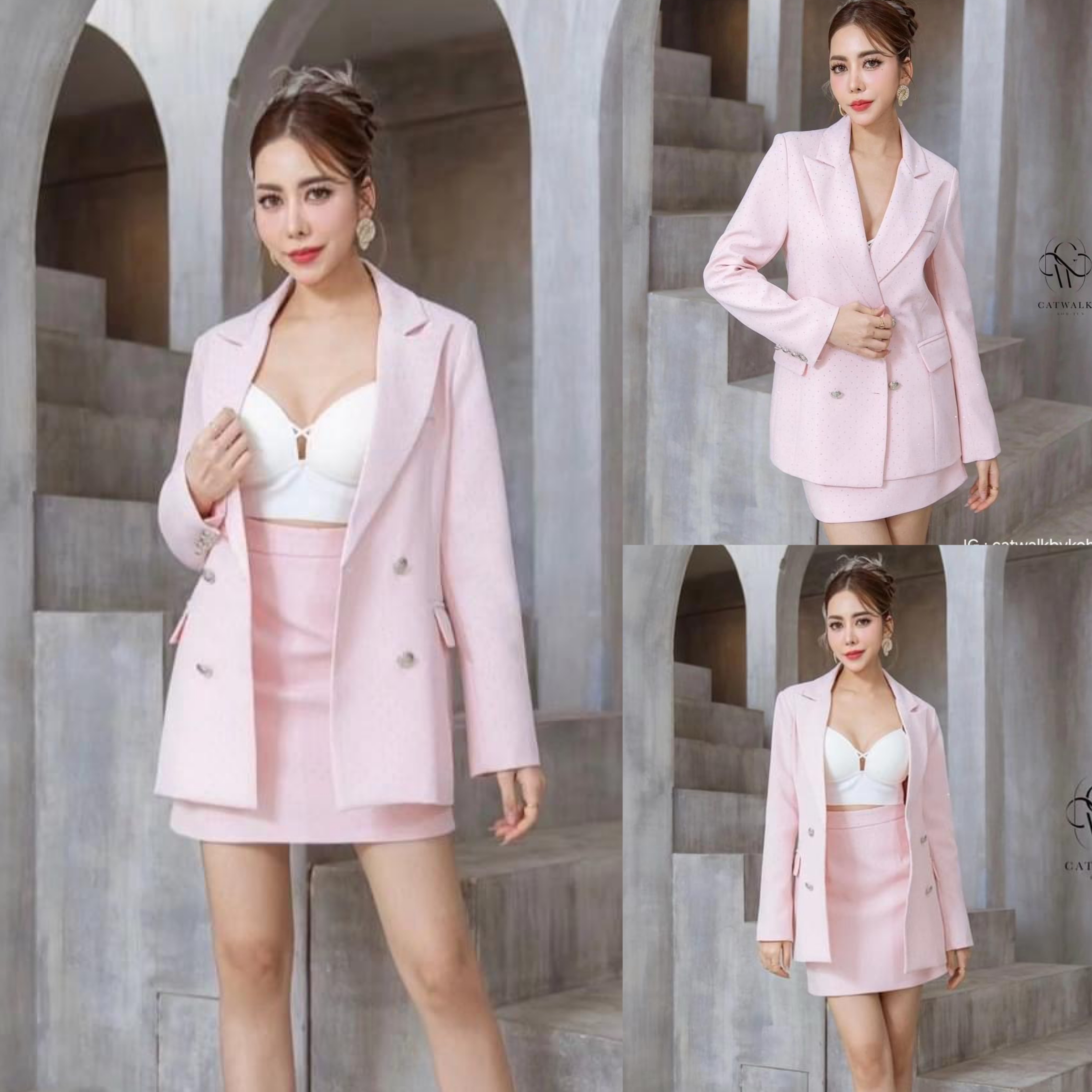 เซตัวสูท แต่งเพชร+กระโปรง เนื้อผ้าเกรดเอ เนื้อผ้ามีเพชร เม็ดเล็กทั้งตัว ใส่สบาย สินค้าคุณภาพ (พร้อมส่ง)