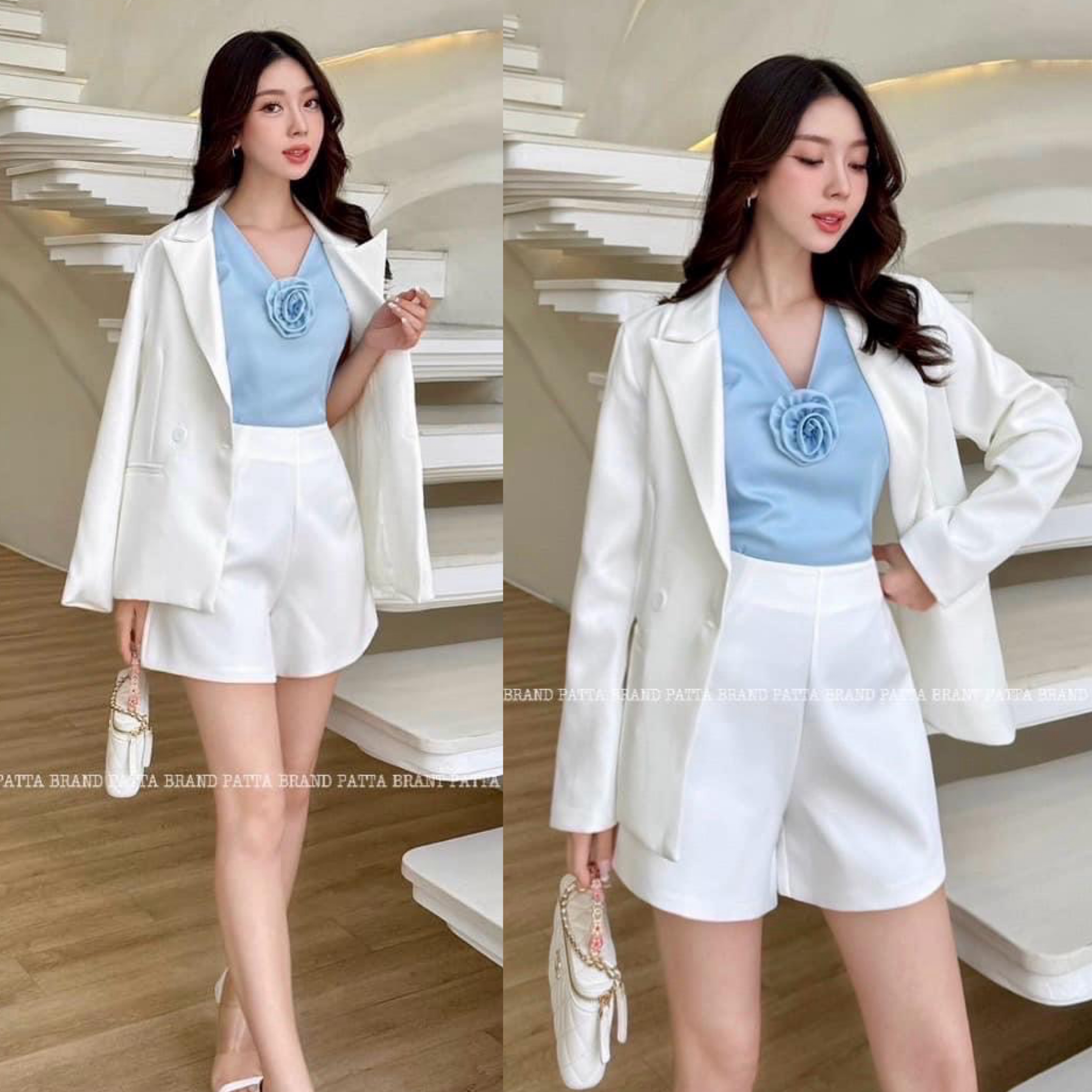 เซต3ชิ้น เสื้อคลุมสูทแขนยาวมีกระดุมหน้า และมีกระเป๋า2ข้างล้วงได้เก๋ๆ มาพร้อมเสื้อตัวในแขน กุดสีฟ้ามีซิปข้าง ผ้าพริ้วลื่นใส่สบายใส่แมทช์ทับในคู่ กับกางเกงสวยลงตัวมากและยังมีเข็มกลัดดอกไม้D ติดที่อกคุ้มสุดๆ มาคู่กับกางเกงขาสั้น ใส่สบาย : สินค้าคุณภาพ (พร้อม