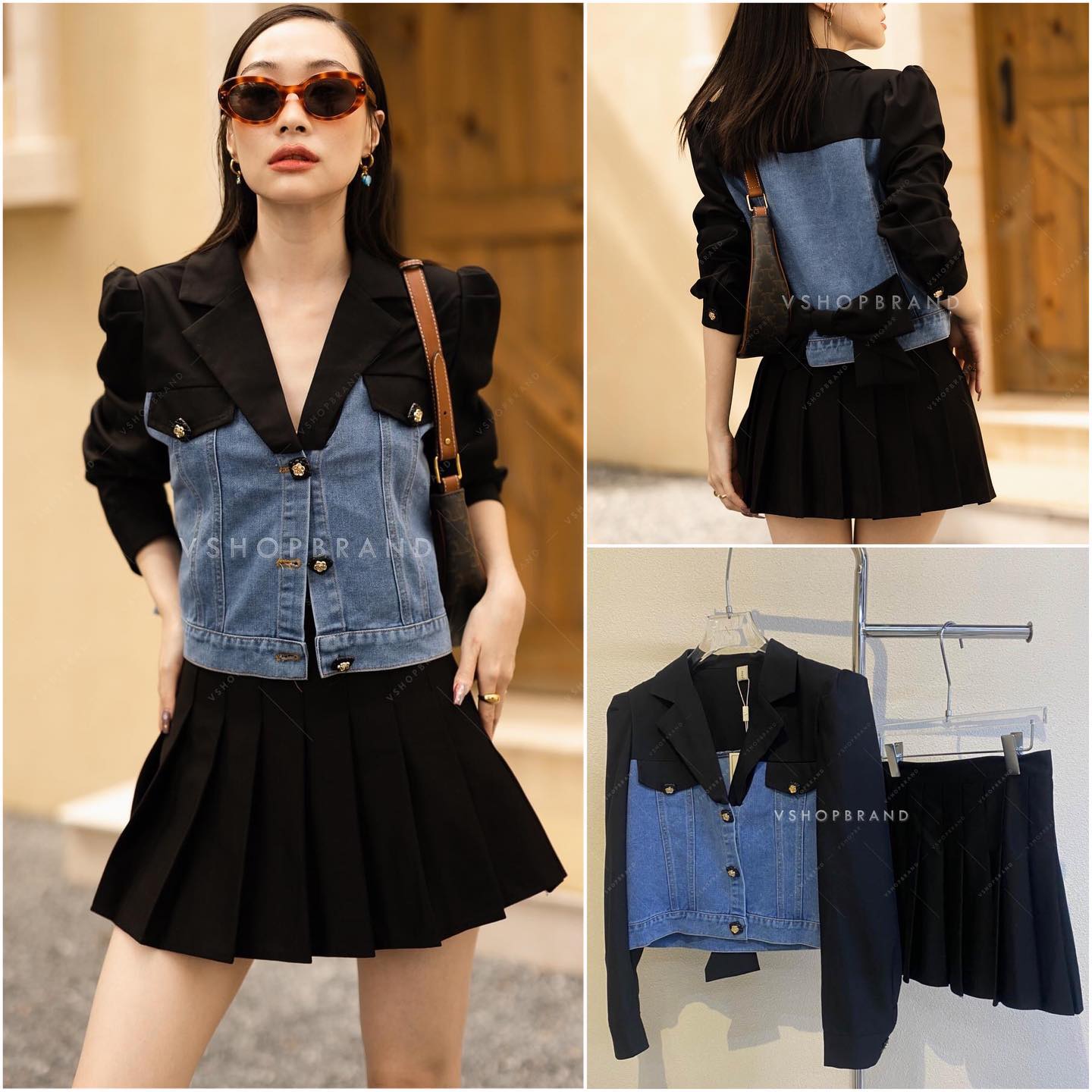 set เสื้อสูท แต่งช่วงตัว ด้วยผ้ายีนส์ บ่าเสริมฟอง มาพร้อม กระโปรงจับจีบรอบตัว แมทช์เข้า เซตได้น่ารักมากๆ สินค้าคุณภาพ (พร้อมส่ง)