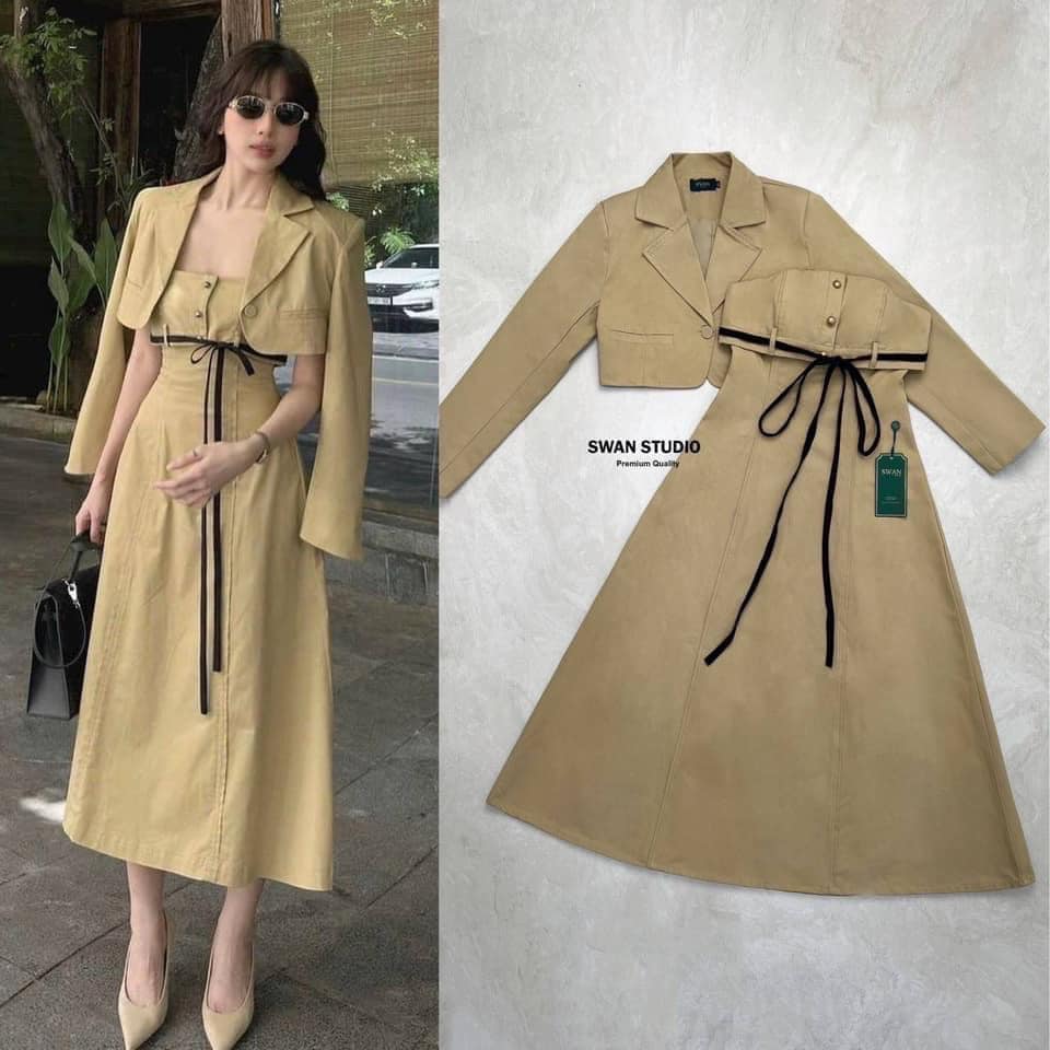 Set 2 ชิ้น เสื้อแขนยาวคลุมสีน้ำตาล + เดรสเกาะยาวยาว แต่งสายริ้บบินสีดำ ใส่สบาย สินค้าคุณภาพ (พร้อมส่ง)