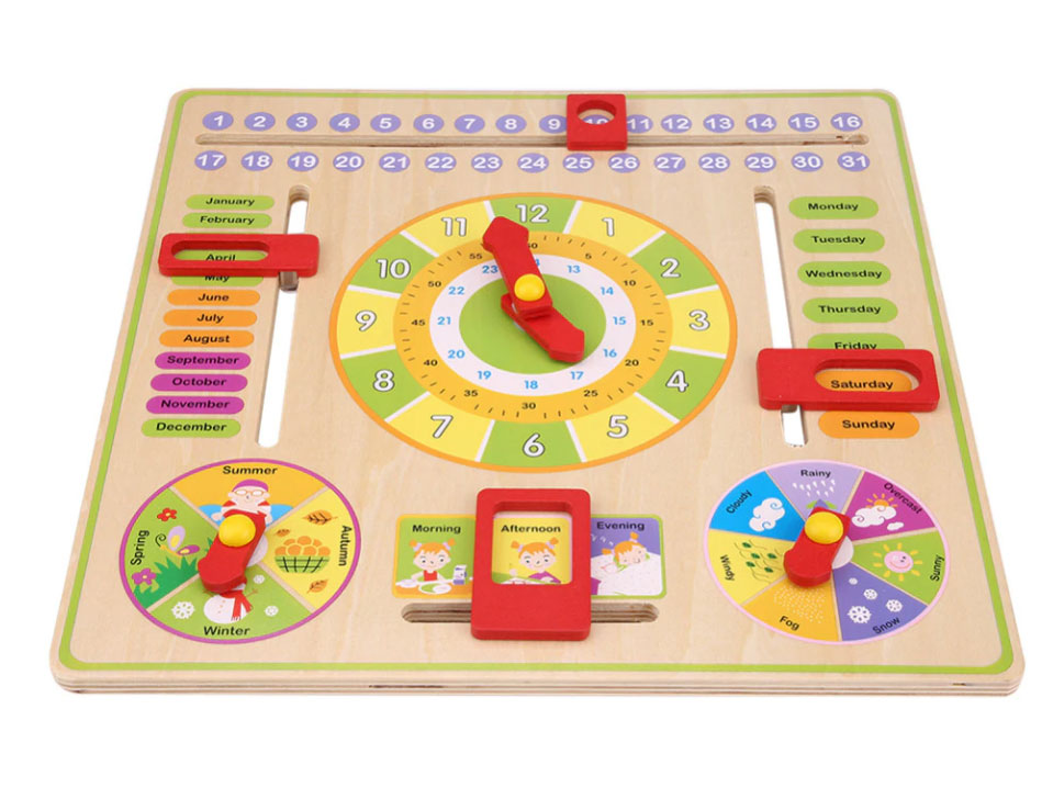 ของเล่นไม้เรียนรู้เวลา ตั้งแต่นาทีจนถึงฤดูกาลใน 1 ปี แบบปฏิทิน Wooden Daily Calendar Clock Board