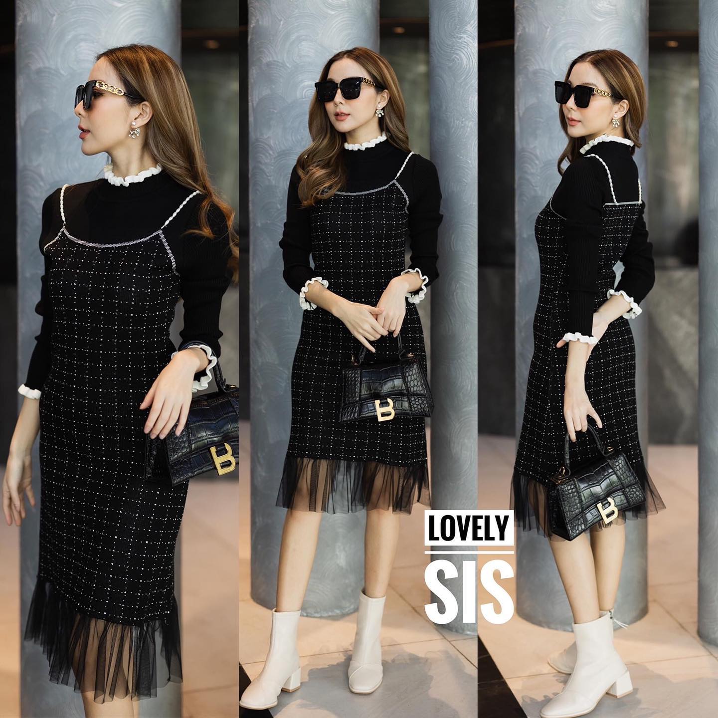 เดรสไหมพรมแขนยาว คอปีน แต่งระบายแต่งสายมุก ช่วงชาย ต่อผ้ามุ้ง งานผ้าทอเนื้อแน่น สวยมากค่า สินค้าคุณภาพ (พร้อมส่ง)