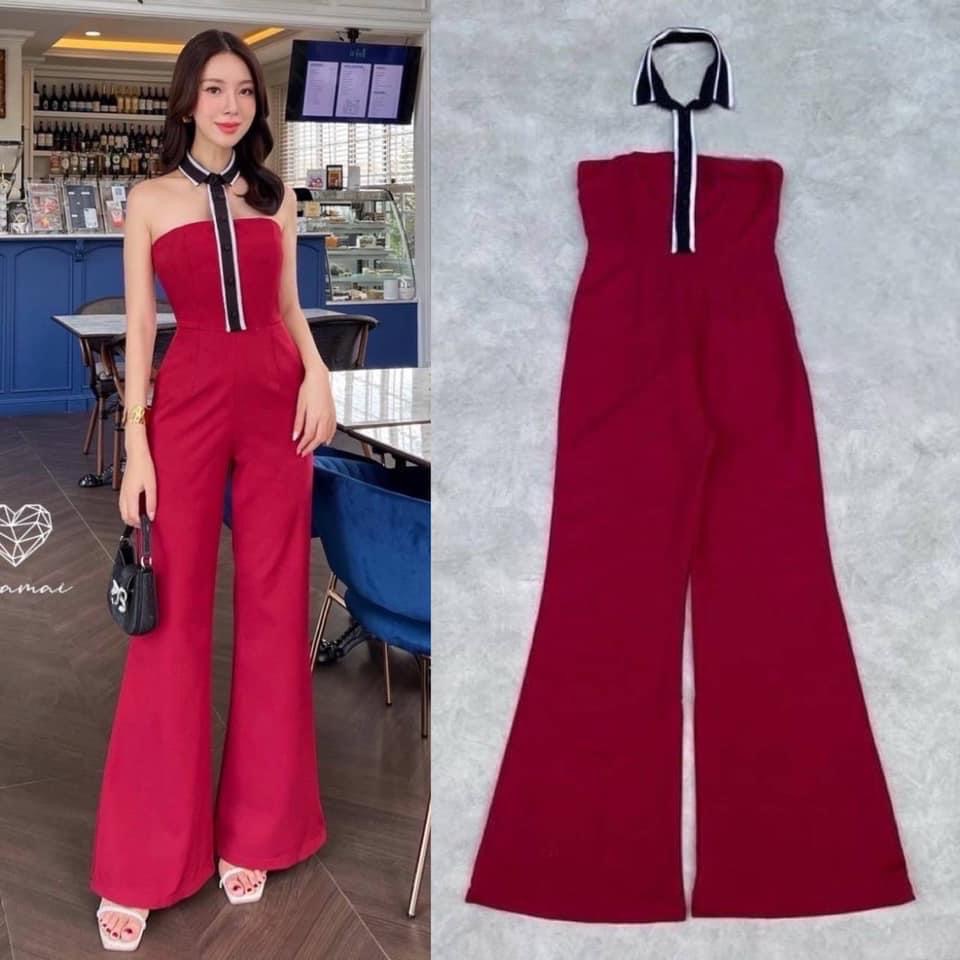 จั้มสูทขายาวสีแดงทรงคล้องคอ ใส่สบาย : สินค้าคุณภาพ (พร้อมส่ง)