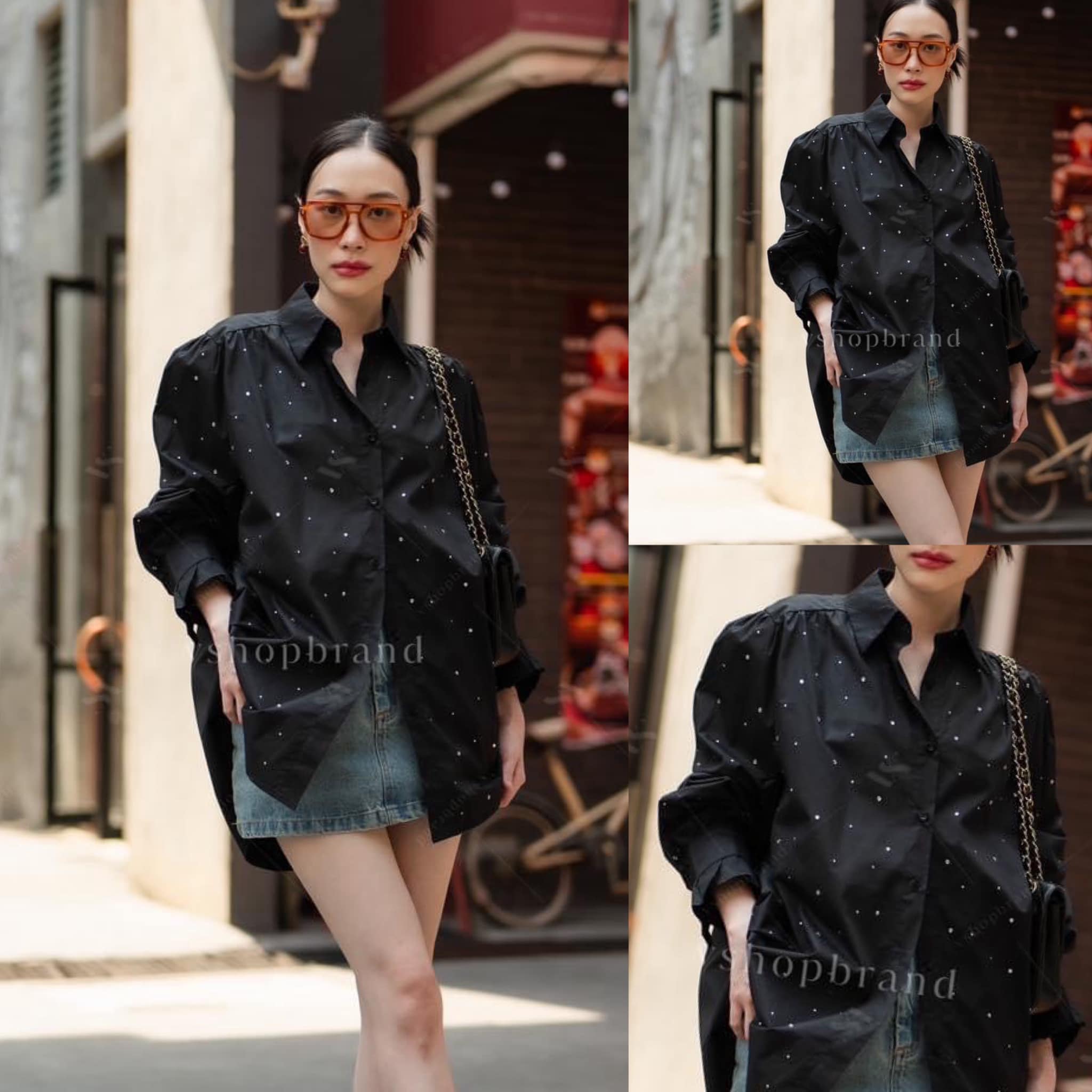 เชิ้ตแต่งเพชรเม็ดเล็กด้านหน้า ทรงสวย ใส่สบาย : สินค้าคุณภาพ (พร้อมส่ง)