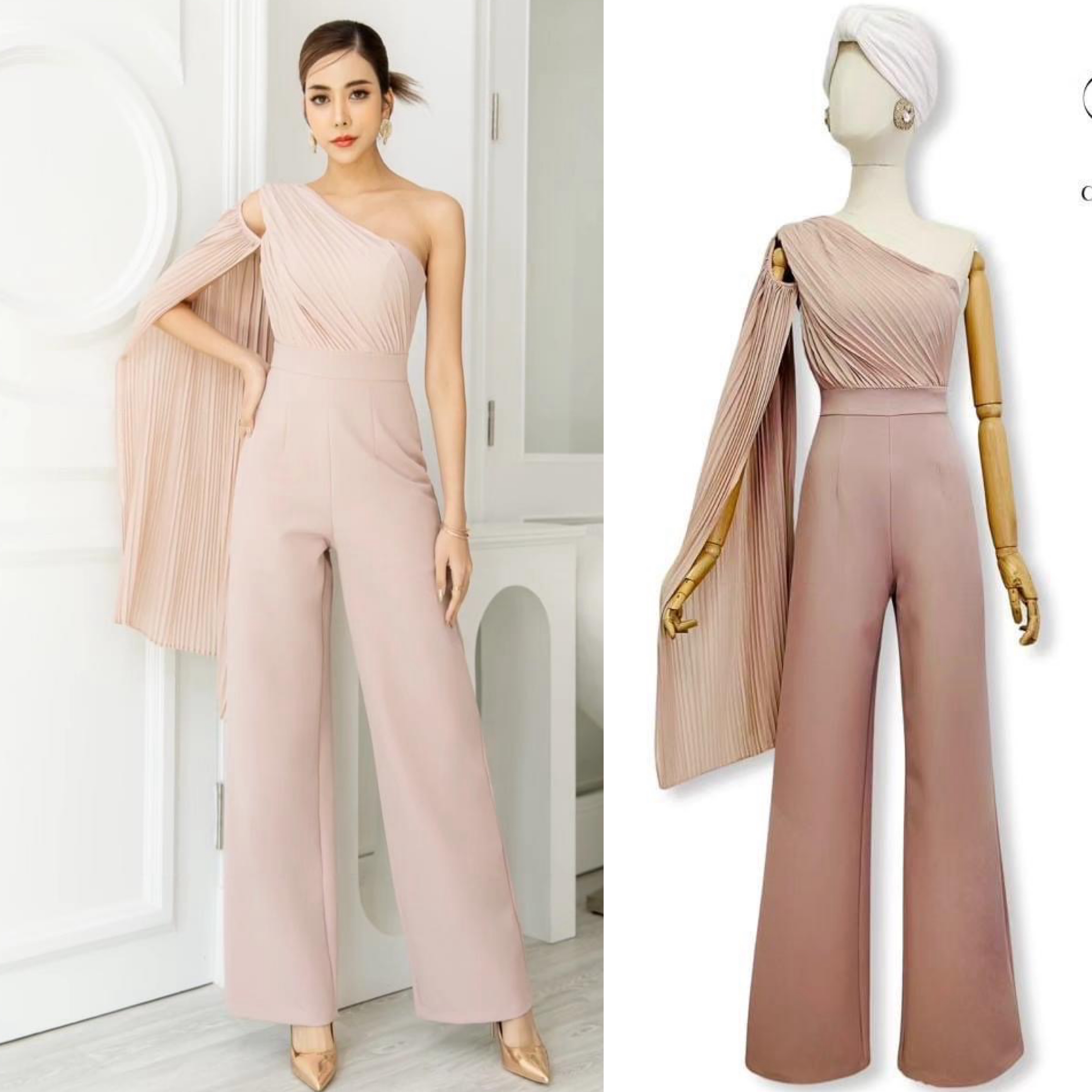 จั้มสูทไหล่เฉียงแต่งผ้าชีฟองอัดพลีท เนื้อผ้าเกรดเอ ผ้าทิ้งตัวสวย ตัวชุดเป็นทรงเข้ารูป สินค้าคุณภาพ (พร้อมส่ง)