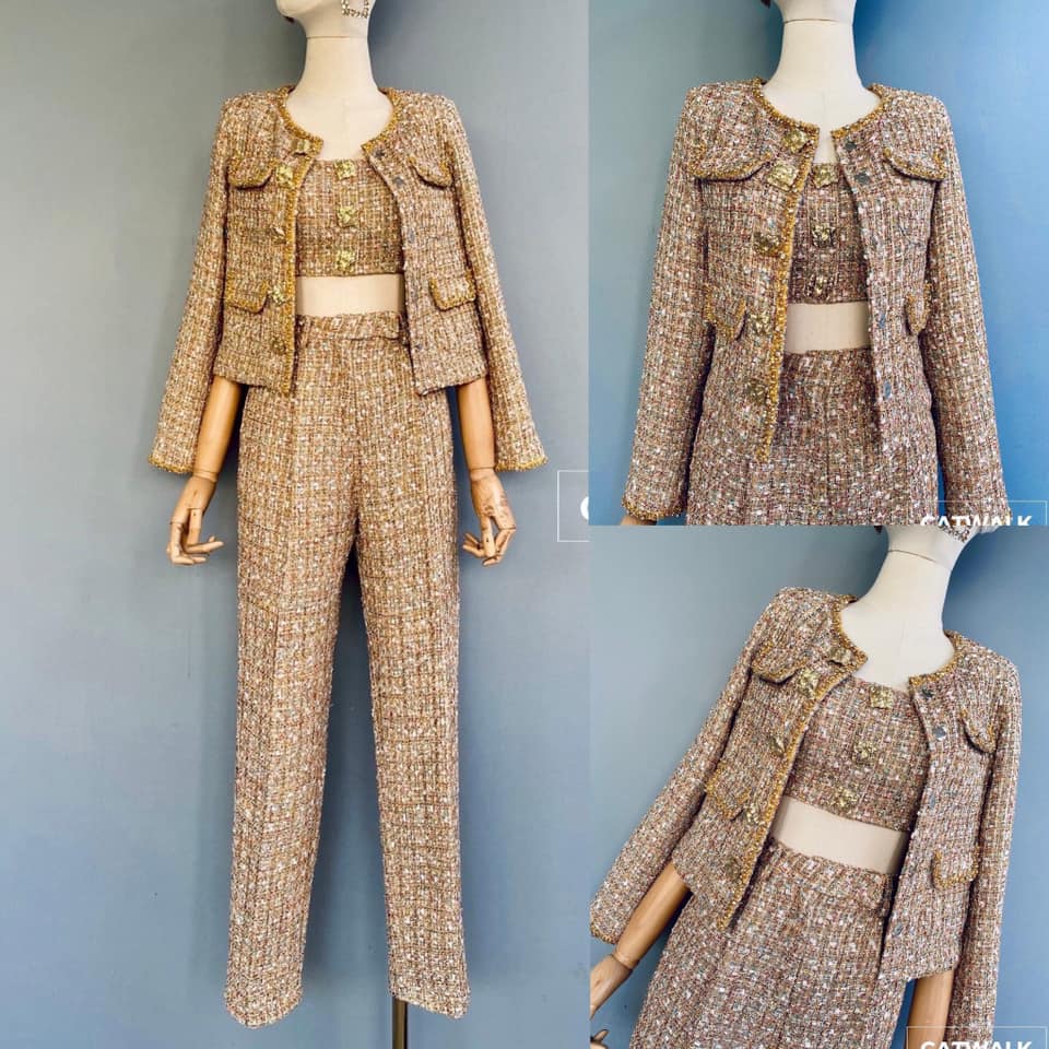 เซตผ้าทวีต 3 ชิ้น เสื้อครอป+เสื้อคลุม+ กางเกง เนื้อผ้าทวีตเกรดเอ สินค้าคุณภาพ (พร้อมส่ง)