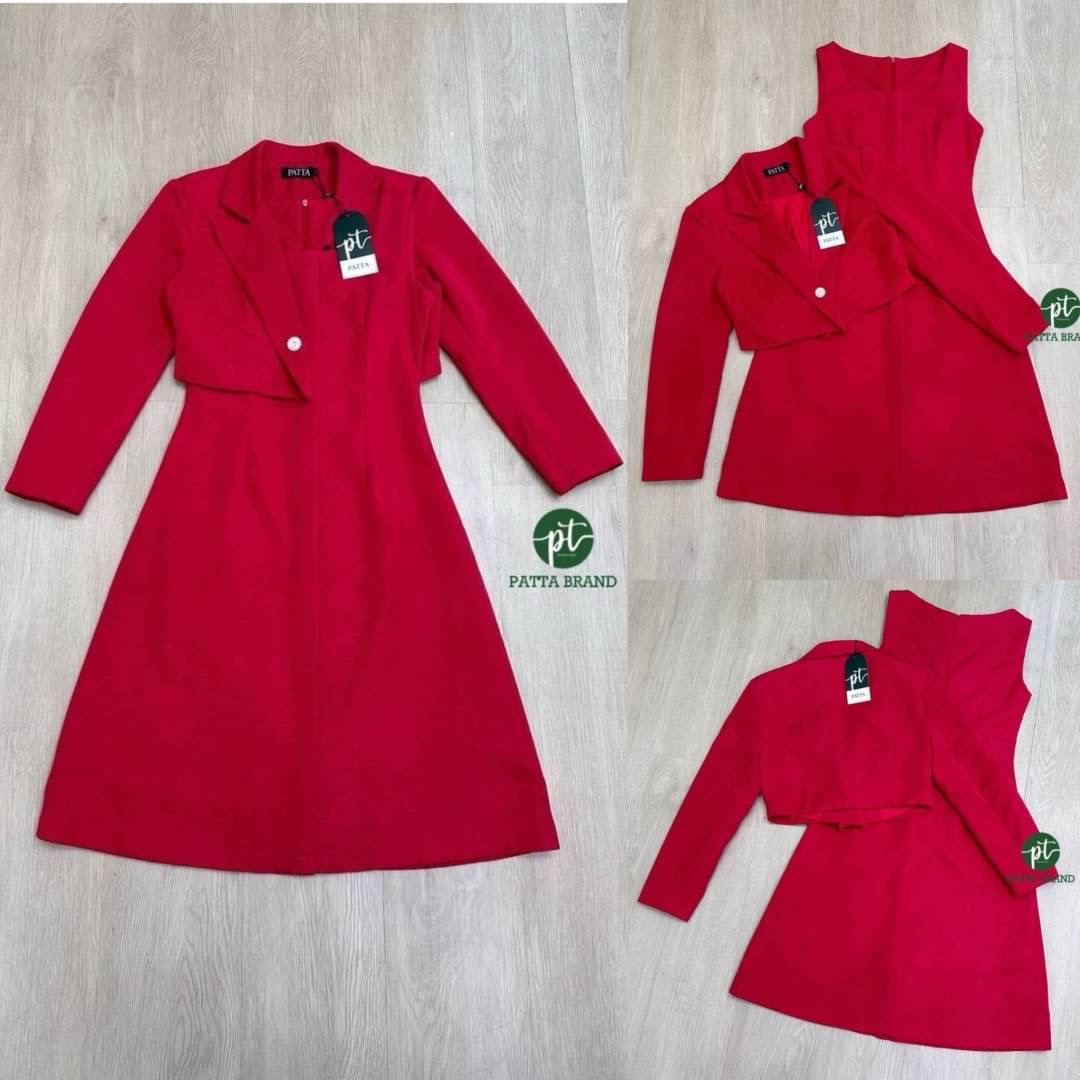 เซต2ชิ้นสีแดง เดรสแขนกุดผ้าอัดย่นลายเปลือกไม้ เย็บซับในอย่างดี เสื้อคลุมครอปตัวสั้นแขนยาว สินค้าคุณภาพ (พร้อมส่ง)