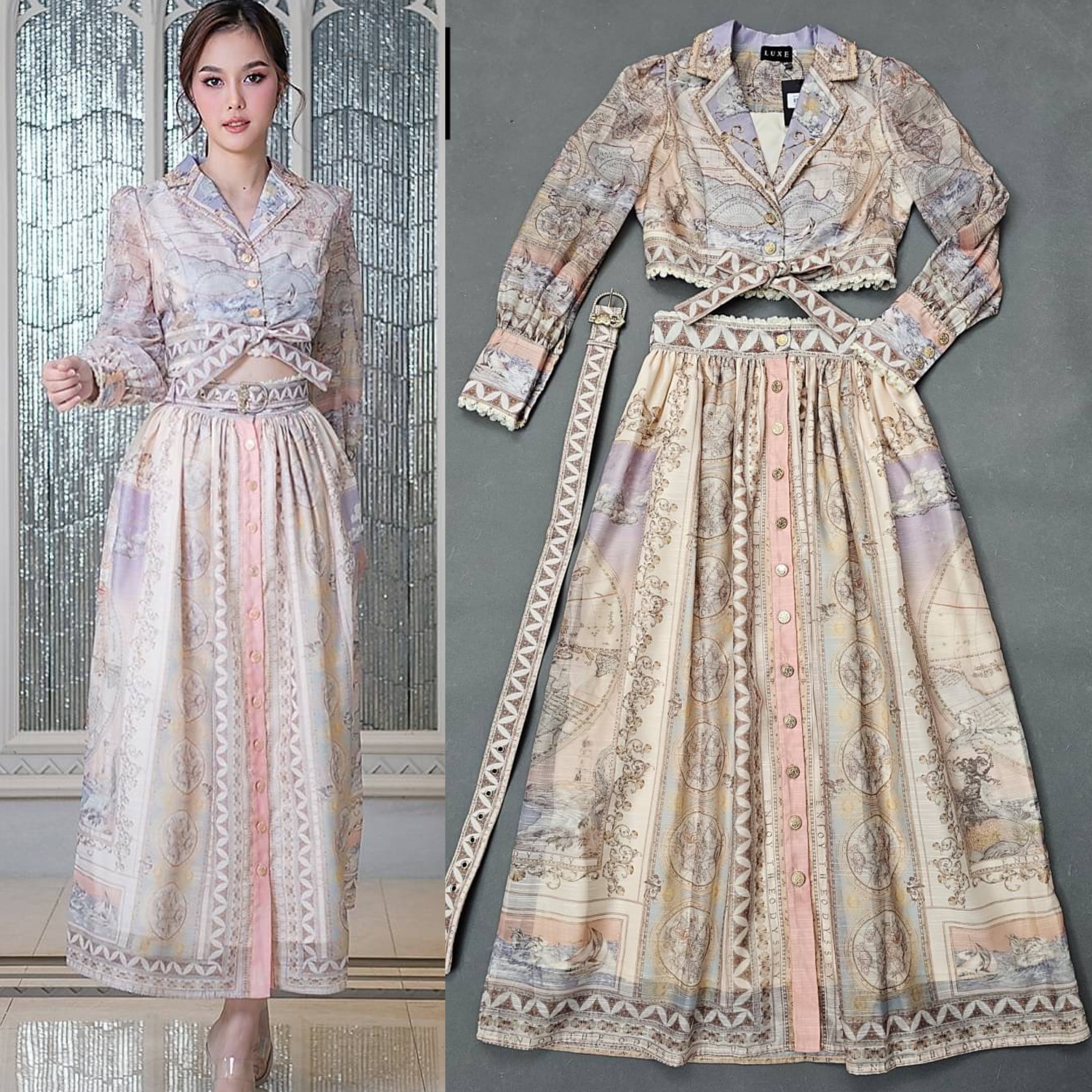 เซ็ตเสื้อเชิ้ตคร็อปเอว คอปกแขนยาวปลายแขนพอง จับคู่กับกระโปรงยาวผ่าหน้า แต่งลูแไม่ สินค้าคุณภาพ (พร้อมส่ง)