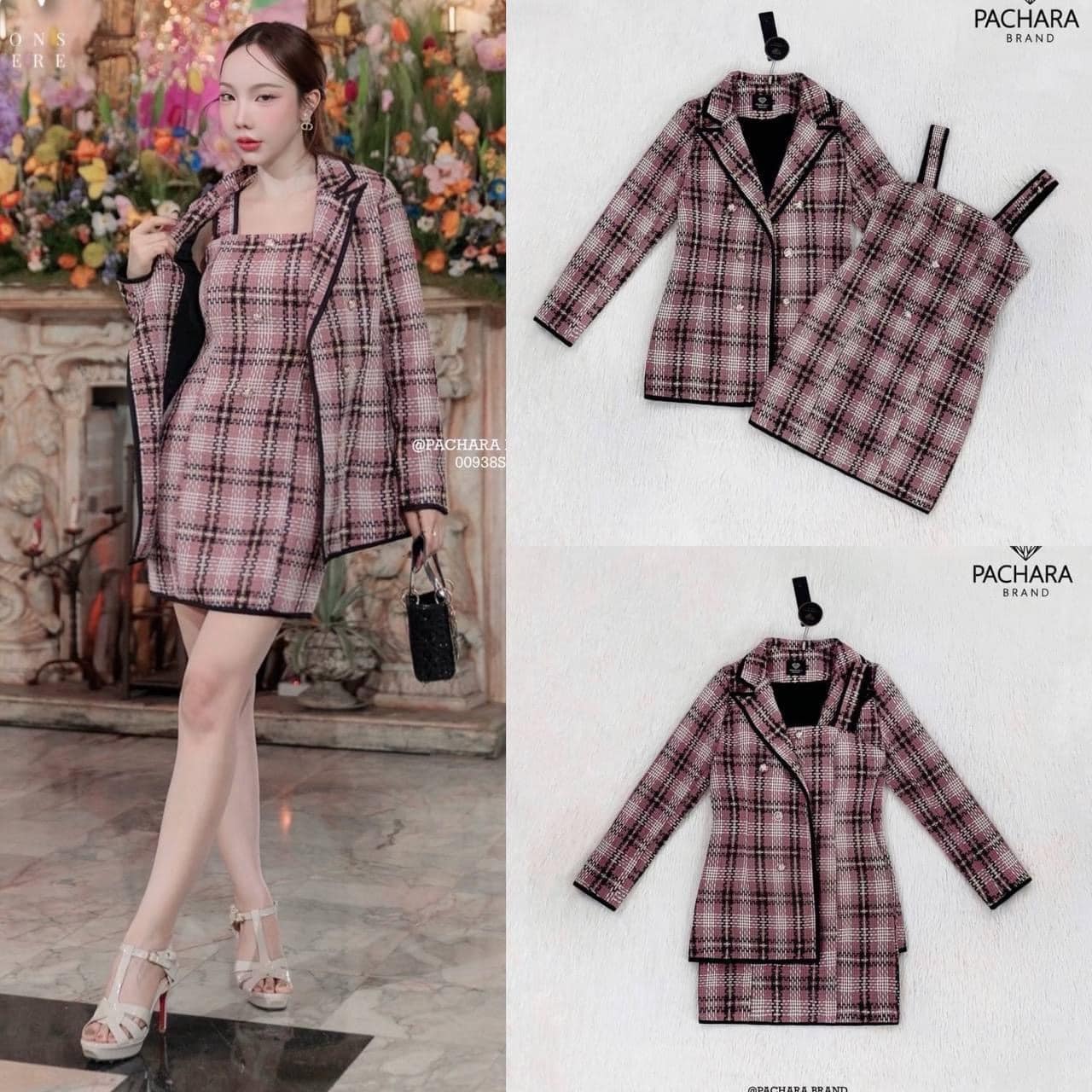 เซ็ต 2 ชิ้น เสื้อสูทแขนยาวสีชมพูนู้ด เนื้อผ้าทวิตหนาทอลายตารางสีดำ แมทช์คู่กับเดรสสั้นสายเดี่ยวทรงเข้ารูป สินค้าคุณภาพ (พร้อมส่ง)