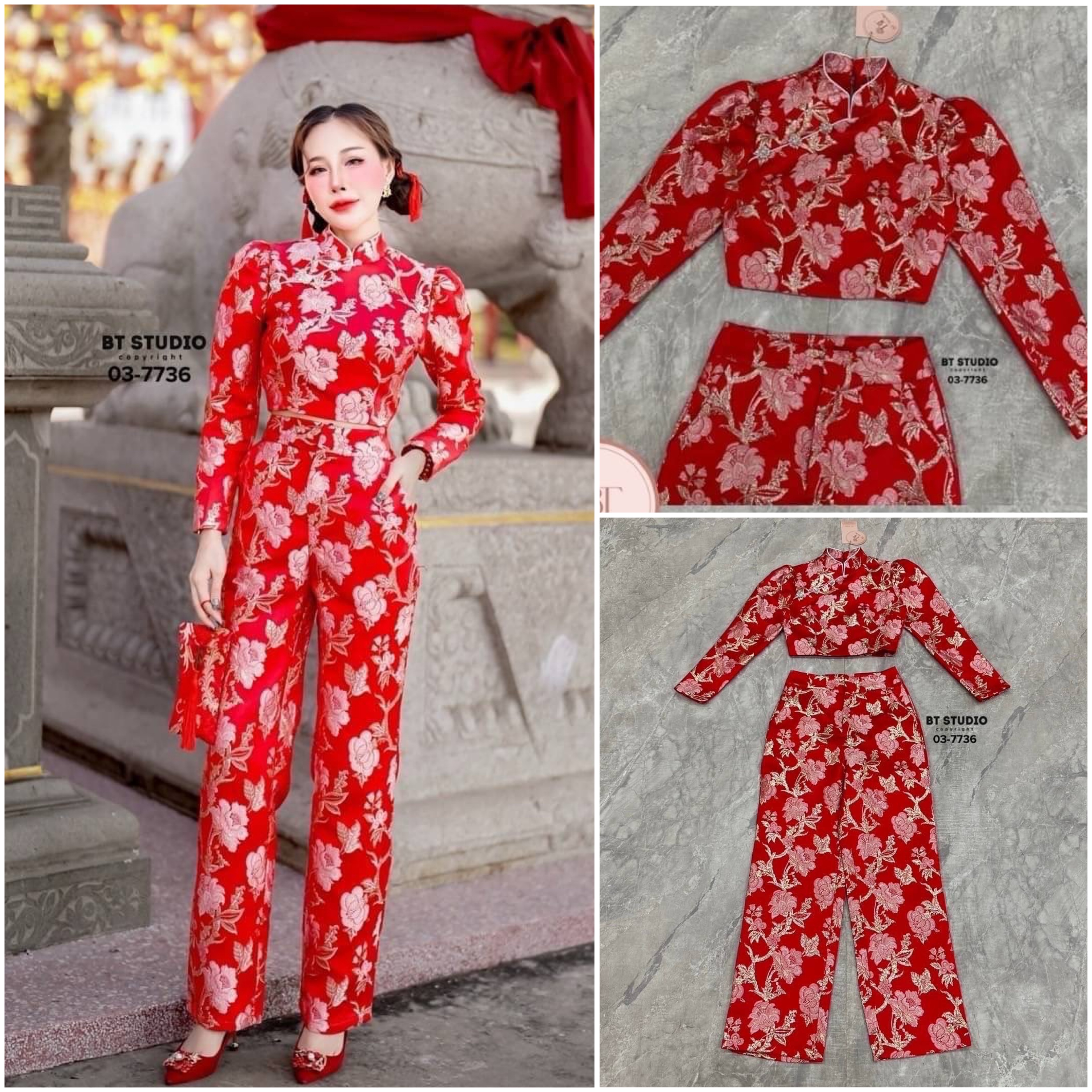 เซท 2 ชิ้น เสื้อครอปสั้นแขนยาวคอจีน แต่งกระดุมเพชร แมทซ์กับกางเกงขายาว งานผ้าทอลายดอกกุหลายปักสวยงามมาก ใส่สบาย : สินค้าคุณภาพ (พร้อมส่ง)