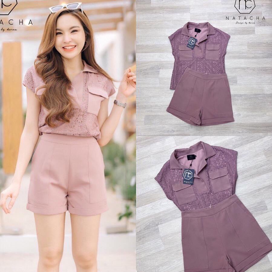 Set เสื้อเชิ๊ตคอปกผ้าลูกไม้มีซับในนะคะ แมตกางเกงขาสั้นมีกระเป๋า2 ข้าง ใส่สบาย สินค้าคุณภาพ (พร้อมส่ง)
