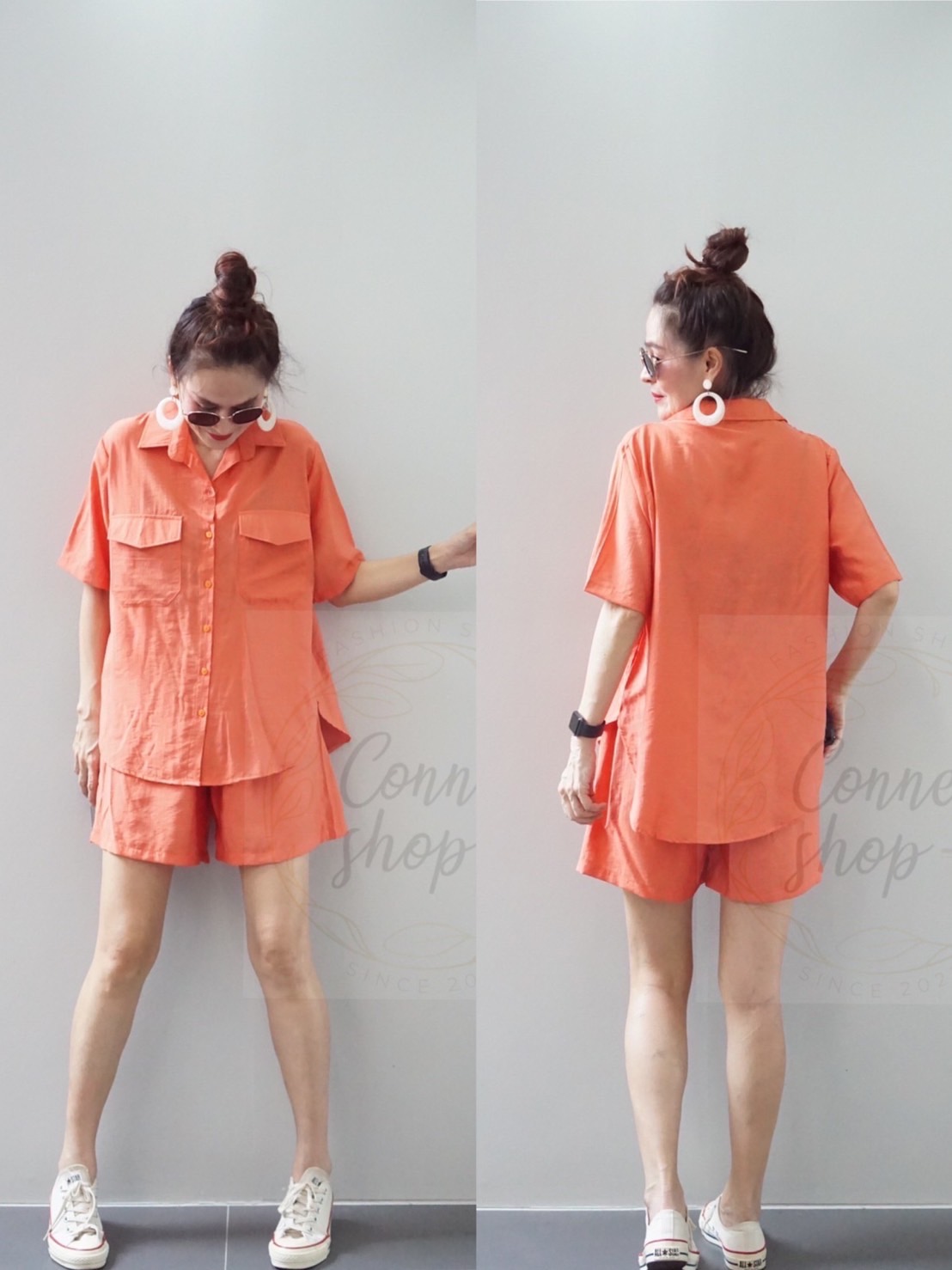 ชุดเซต 2 ชิ้น!!! เสื้อเชิ้ตแขนสั้น แต่งกระเป๋าหน้า ผ้าไหมอิตาลี่ เนื้อนิ่ม มาคู่กับกางขาสั้น เอวยางยืด งานเจาะกระเป๋าข้าง ใส่สบาย : สินค้าคุณภาพ (พร้อมส่ง)