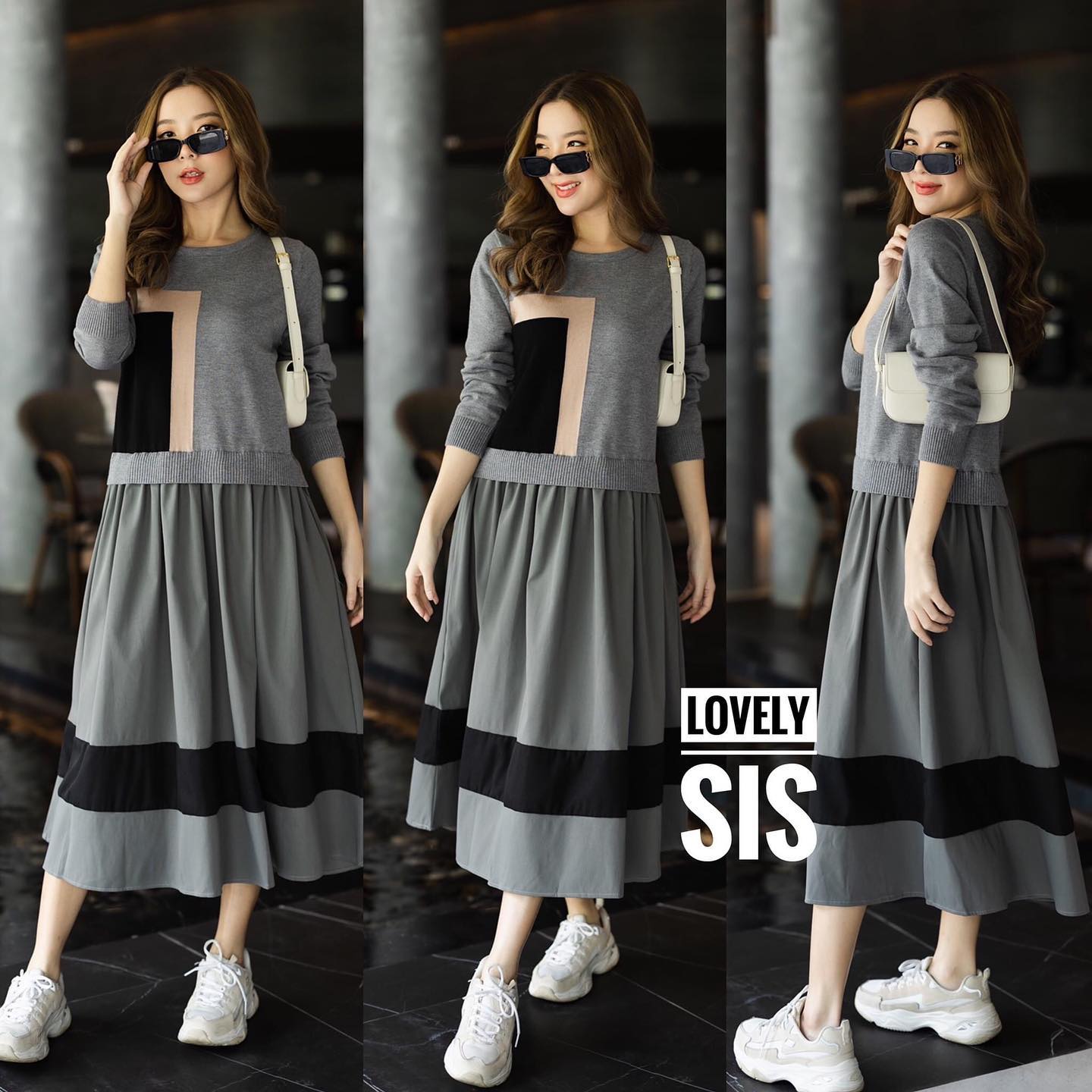 เดรสไหมพรมแขนยาวเนื้อผ้านุ่ม งานทอลายตัดสีด้านหน้า เย็บต่อ กระโปรงผ้าคอตต้อน ใส่ออกมา น่ารัก สวยทุกสีเลยค่า สินค้าคุณภาพ (พร้อมส่ง)