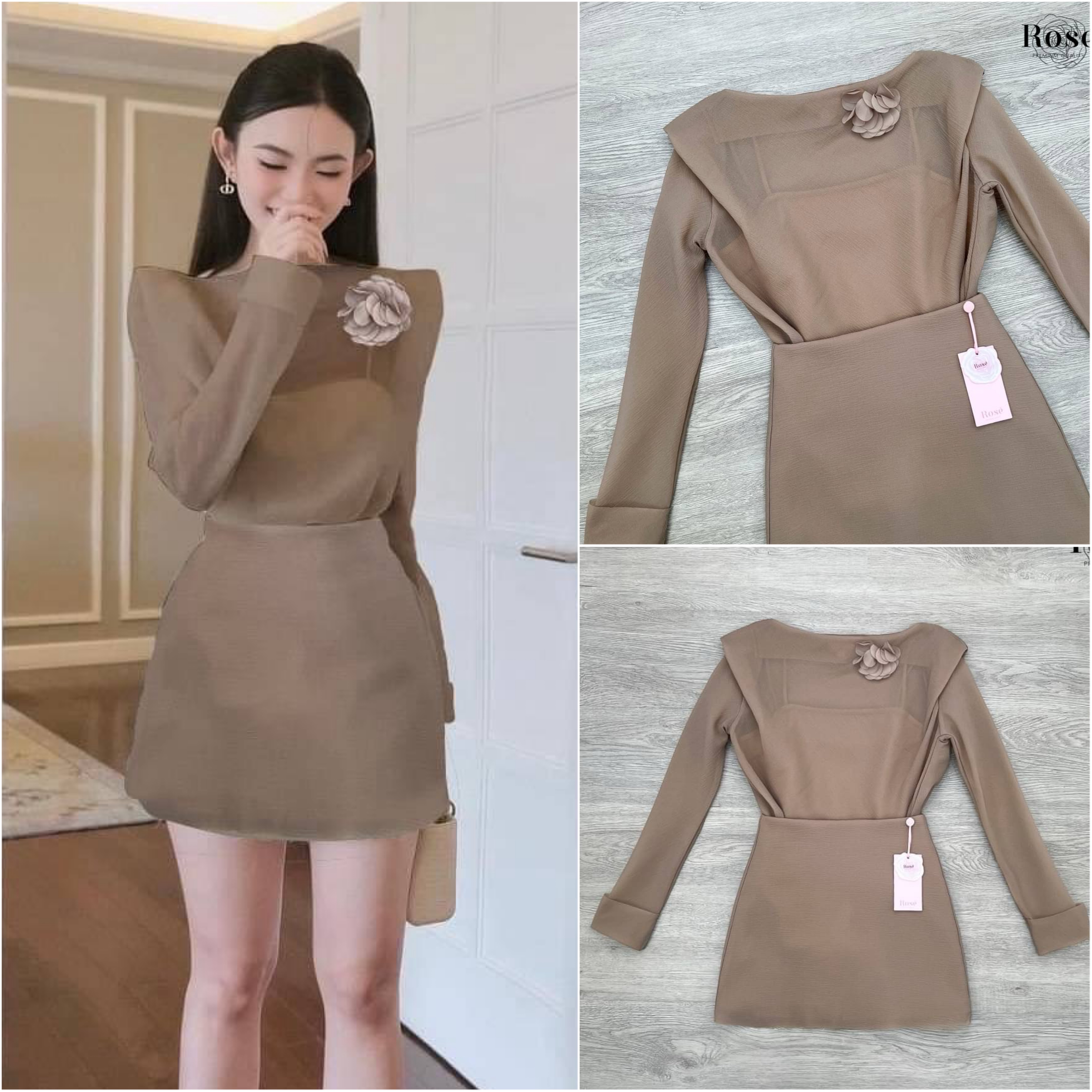 Set 4 ชิ้น เสื้อแขนยาวสีน้ำตาล เนื้อผ้ามี Texture + เสื้อสายเดี่ยวซับใน + กระโปรงสั้นผ้าเดียวกันเสื้อ มีซับใน + เข็มกลัดดอกไม้ ใส่สบาย : สินค้าคุณภาพ (พร้อมส่ง)