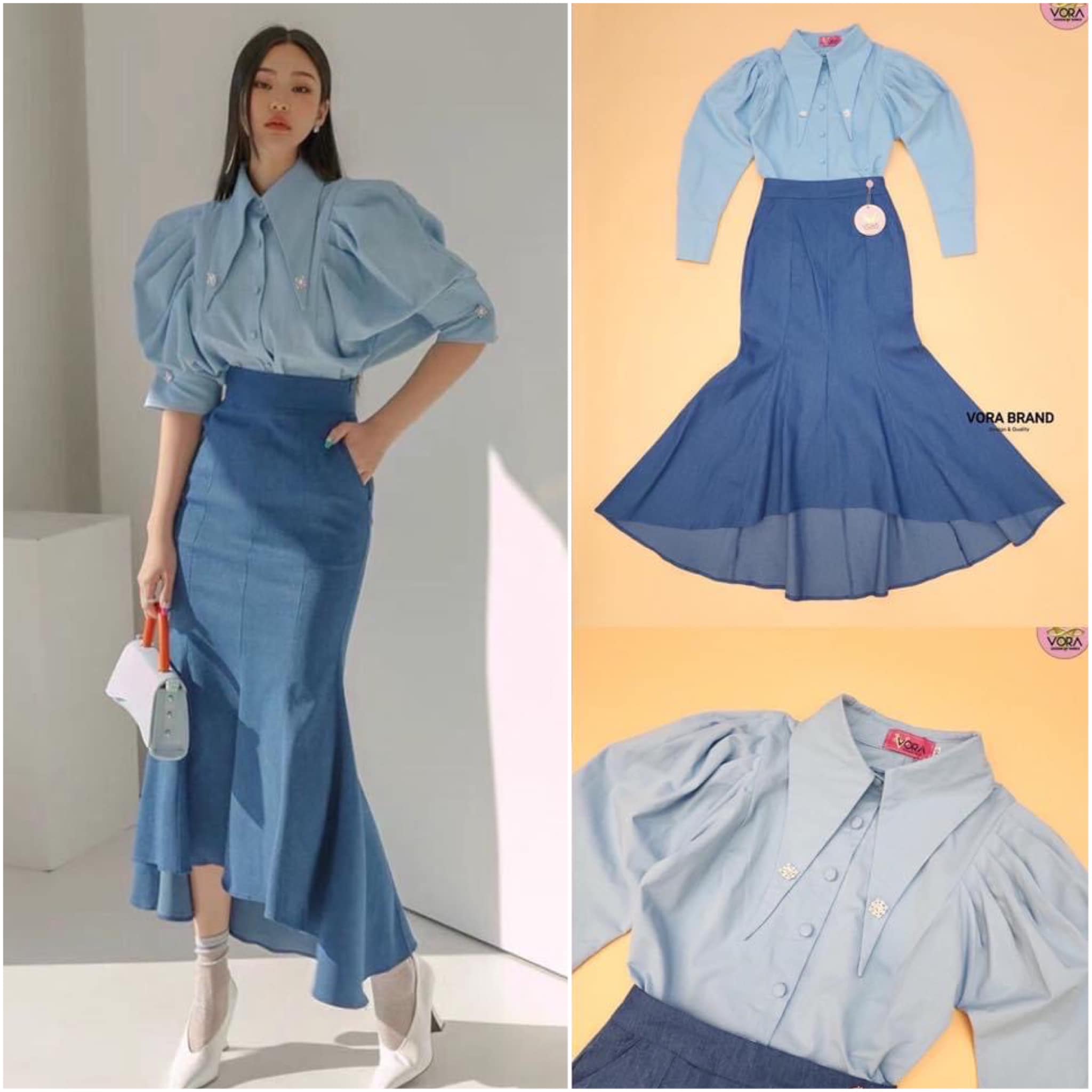 Set เสื้อเชิ้ตคอปก แขนยาวจับจีบพอง คอปกแหลมแต่งกระกระดุม ติดกระดุมเรียงด้าน หน้า มาพร้อมกระโปรงยีนส์ทรงหางปลาสวยมากๆ สินค้าคุณภาพ (พร้อมส่ง)