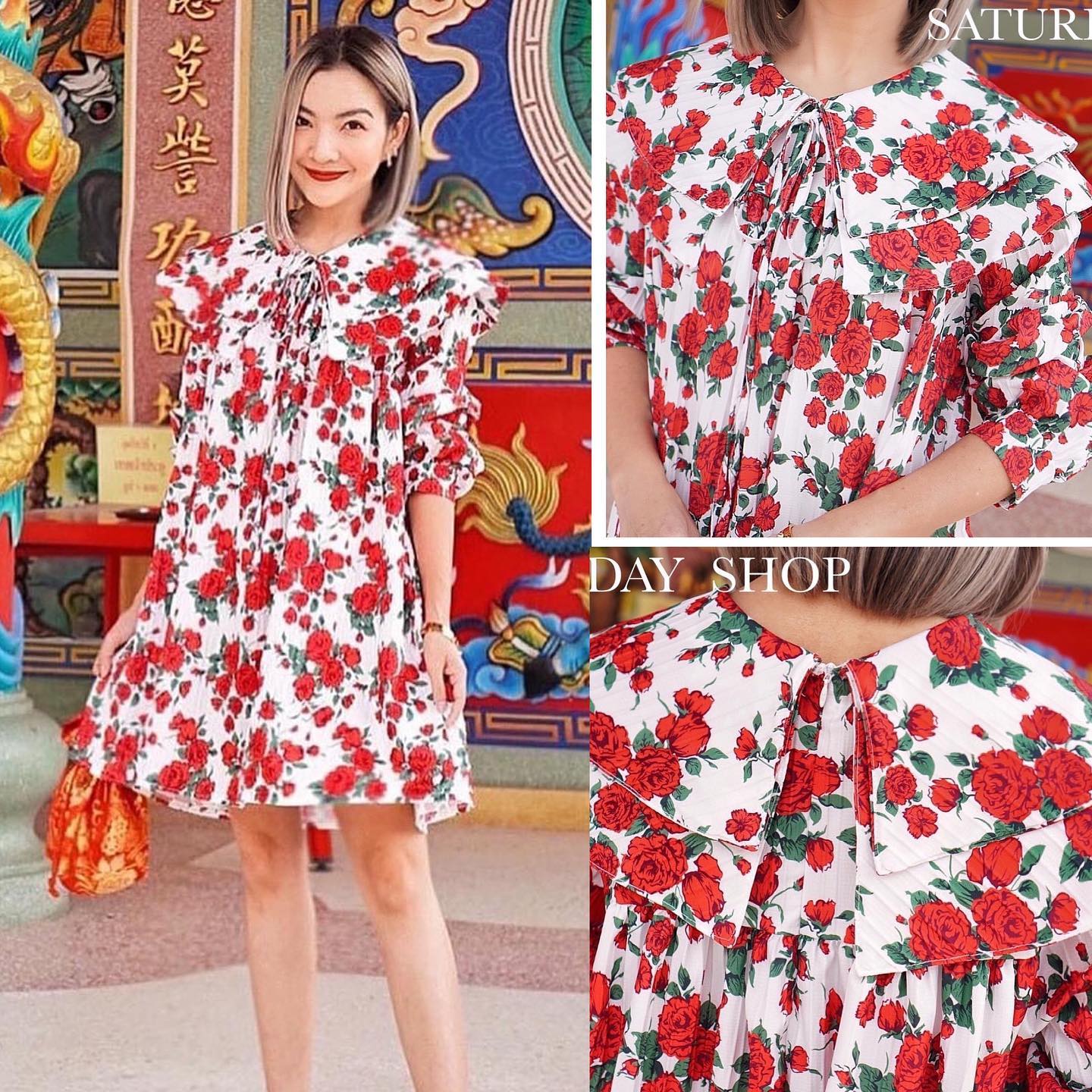 เดรสสั้นลายดอกไม้แดง แต่งคอปก2ชั้น งานดีมากๆค่ะ แต่ง ผูกโบว์เพิ่มความน่ารัก ด้านหลังเป็น ซิปซ่อนถอดใส่ง่ายค่ะ สินค้าคุณภาพ (พร้อมส่ง)