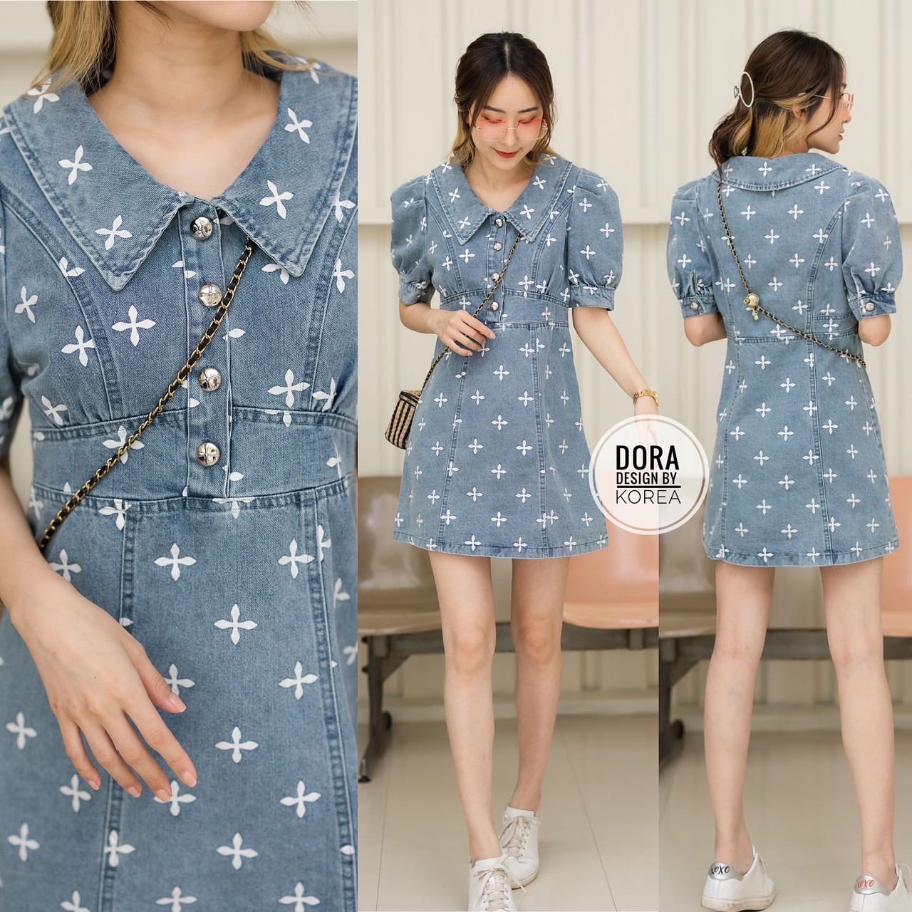 เดรสยีนพิมลายน่ารักมาก กระดุมหน้า ทรงดีแพทเทิลเป๊ะ สินค้าคุณภาพ (พร้อมส่ง)