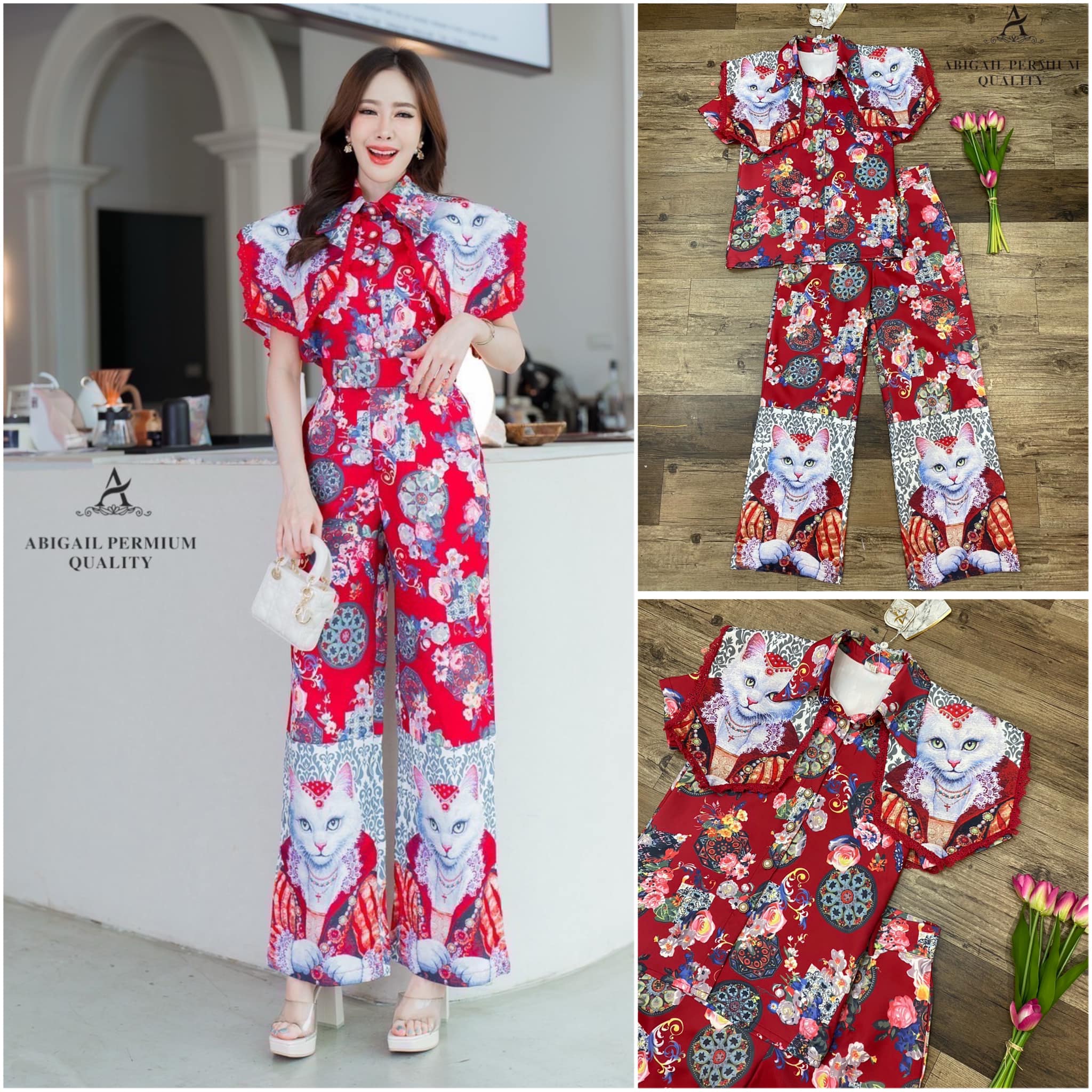 ชุดเซตน้องแมวรวย เสื้อคอปกแต่งระบายบ่า กางเกงขายาวทรงปล่อย มีซับในทั้งตัว สินค้าคุณภาพ (พร้อมส่ง)