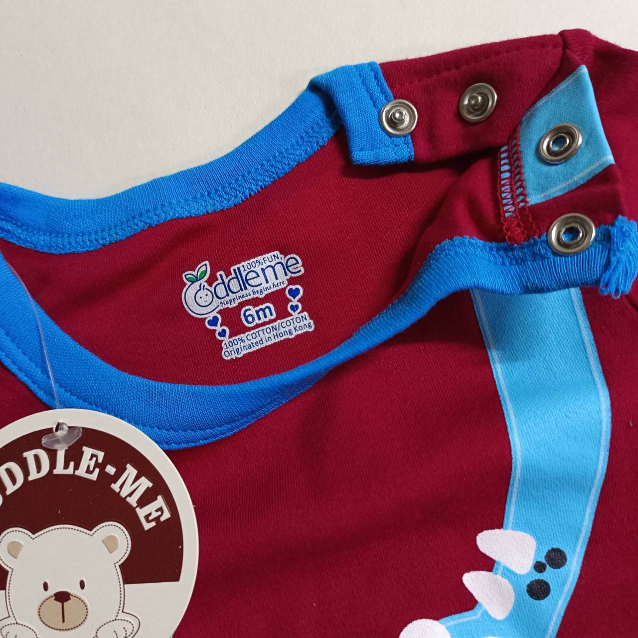 ชุดจั๊มสูทเด็ก แบรนด์แท้ Cuddle me ขนาด 6M, 9M, 12M ลายไดโนเสาร์ สีแดงสลับฟ้าสดใส