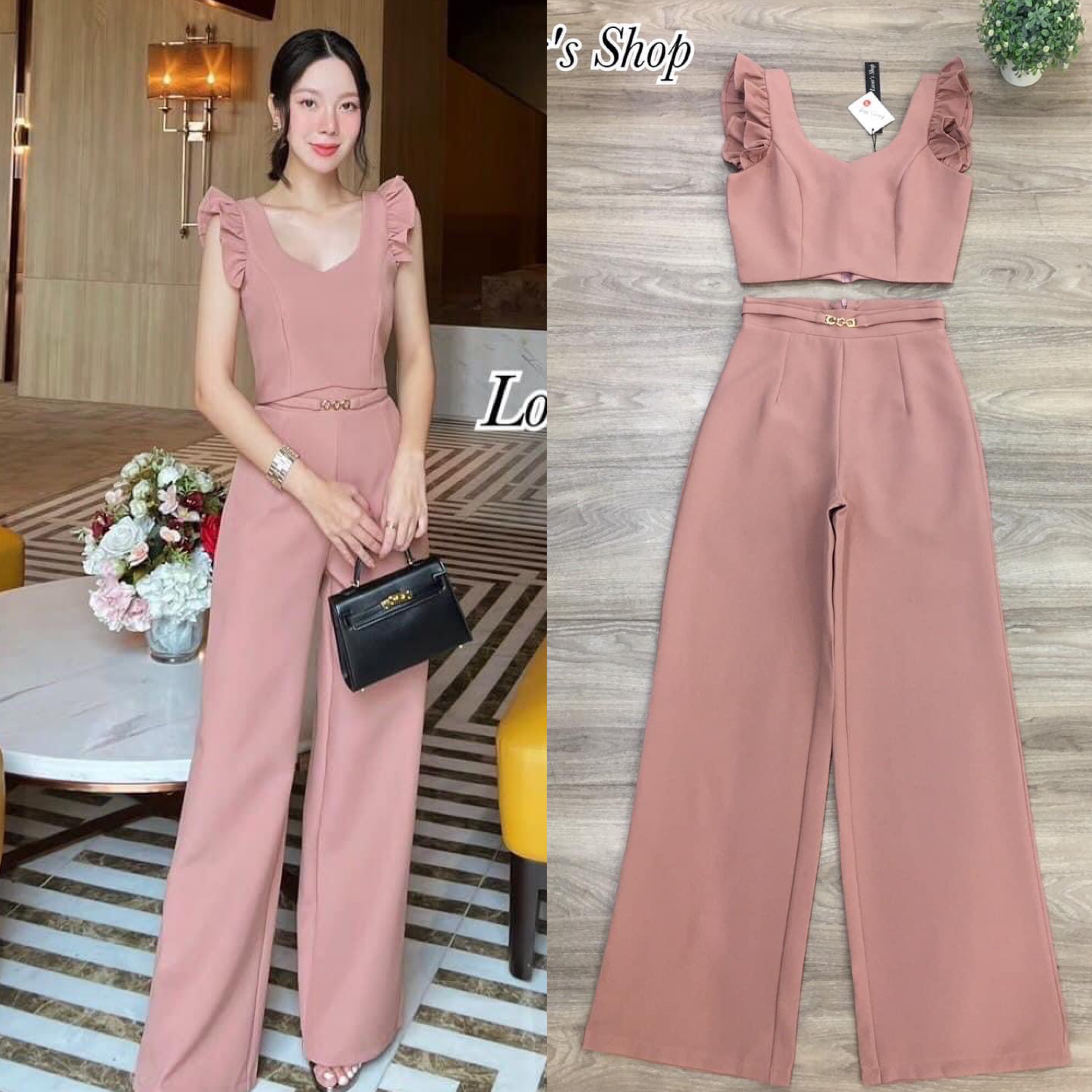 Set.2ชิ้น เสื้อคร็อปแขนระบายทรงสวย มาพร้อมกางเกงเอวสูงขายาว ช่วงเอวแต่งเข็มขัดในตัว เนื้อผ้าหนาอัดผ้ากาวอย่างดี สินค้าคุณภาพ (พร้อมส่ง)