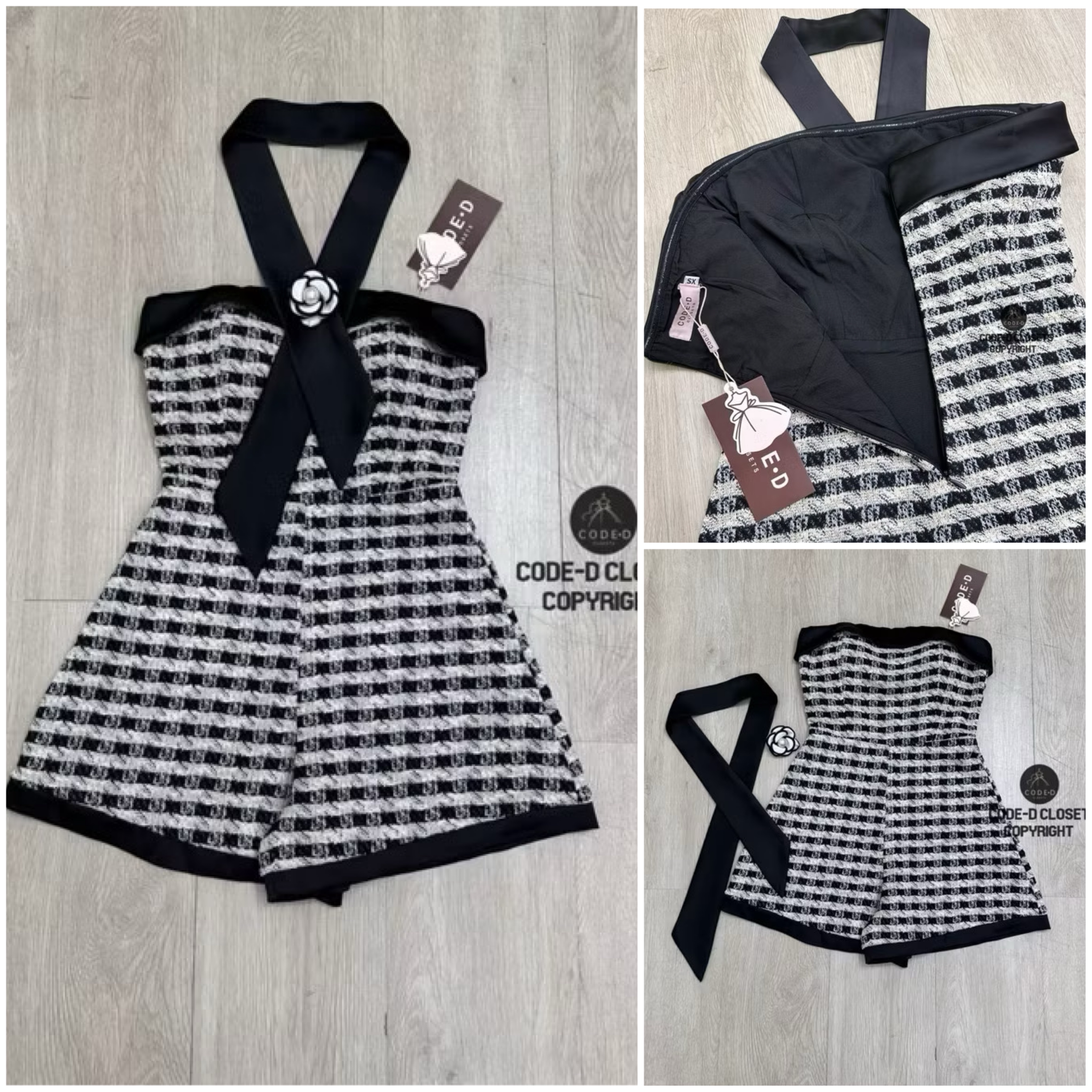 จั้มสูทเกาะอกขาสั้นเนื้อผ้าทอทวีตสีดำ ลายตารางขาวดำผสมดิ้นทองกุ๊นขอบด้วยสีดำ เพิ่มความเก๋ด้วยริบบิ้นยาวใส่คล้องคอ/มีเข็มกลัด ใส่สบาย : สินค้าคุณภาพ (พร้อมส่ง)