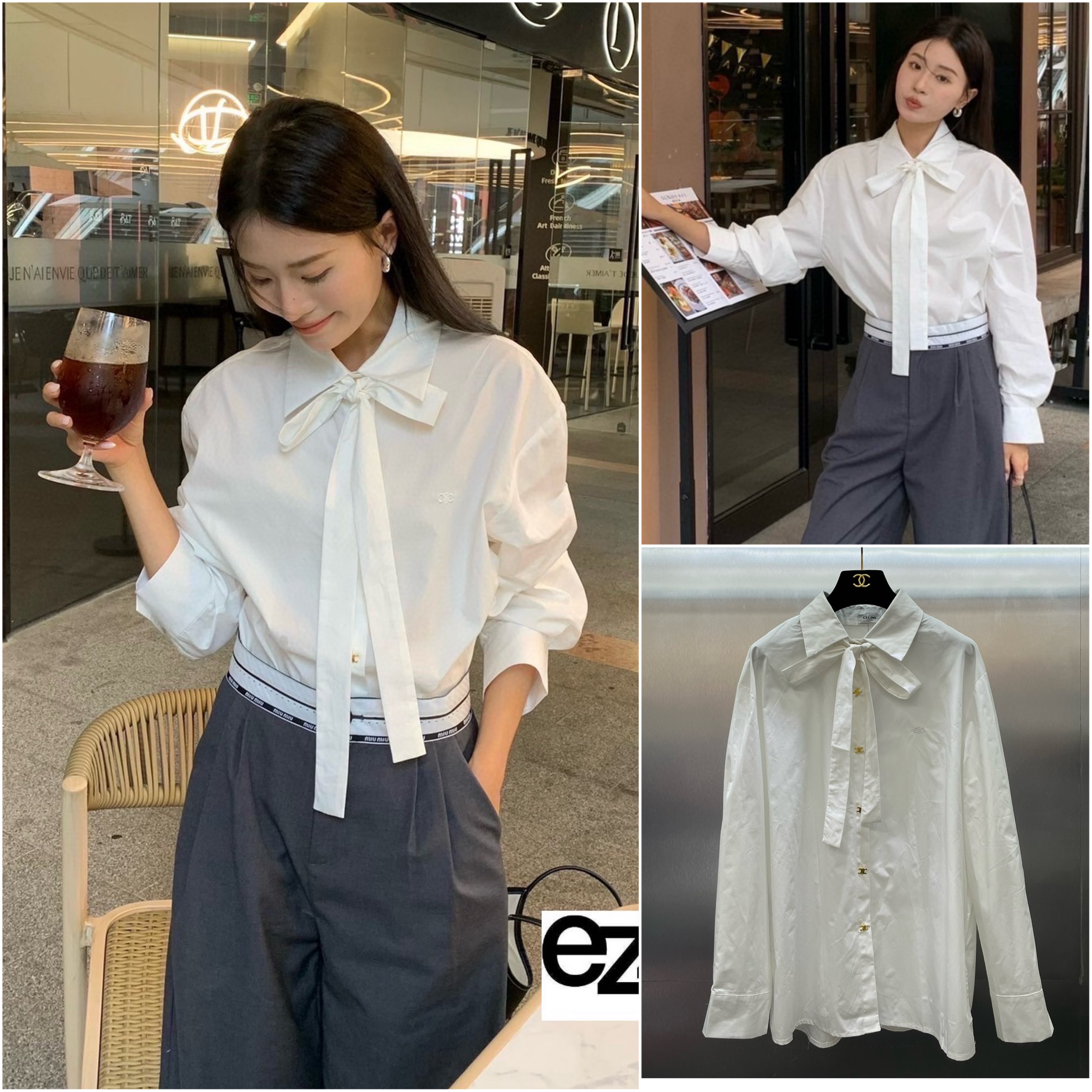 เสื้อเชิ๊ต CELINE งานสวย ผ้าดึมาก แต่งโบว์คอ กระดุมหน้าสีทอง งานสวยเกรดไฮเอ็น : สินค้าคุณภาพ (พร้อมส่ง)