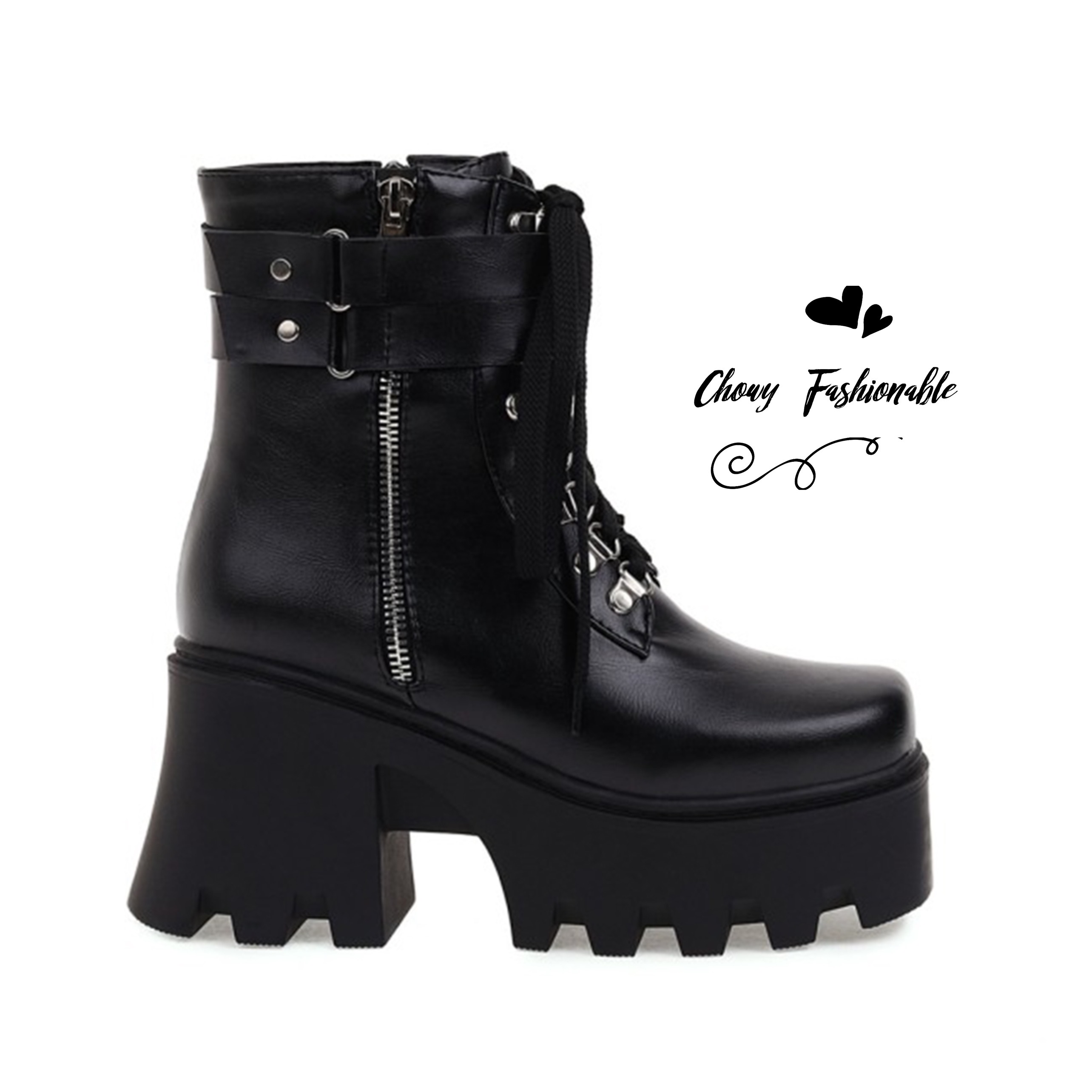 รองเท้าบู้ทไซส์ใหญ่ 40-46 มัฟฟินส้นสูง Boot Fashion Cosplay คอสเพย์ บูทส้นเตารีด ซิบข้าง สีดำ KR1168