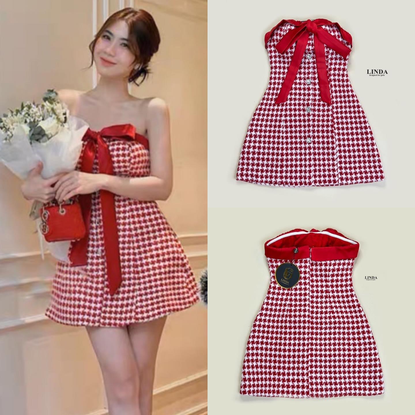 เดรสเกาะอกผ้าลายชิโนริแต่งโบว์สีแดงผ้า ซาตินผูกเป็นโบว์ได้ กระดุมใช้งานได้จริง ใส่สบาย สินค้าคุณภาพ (พร้อมส่ง)