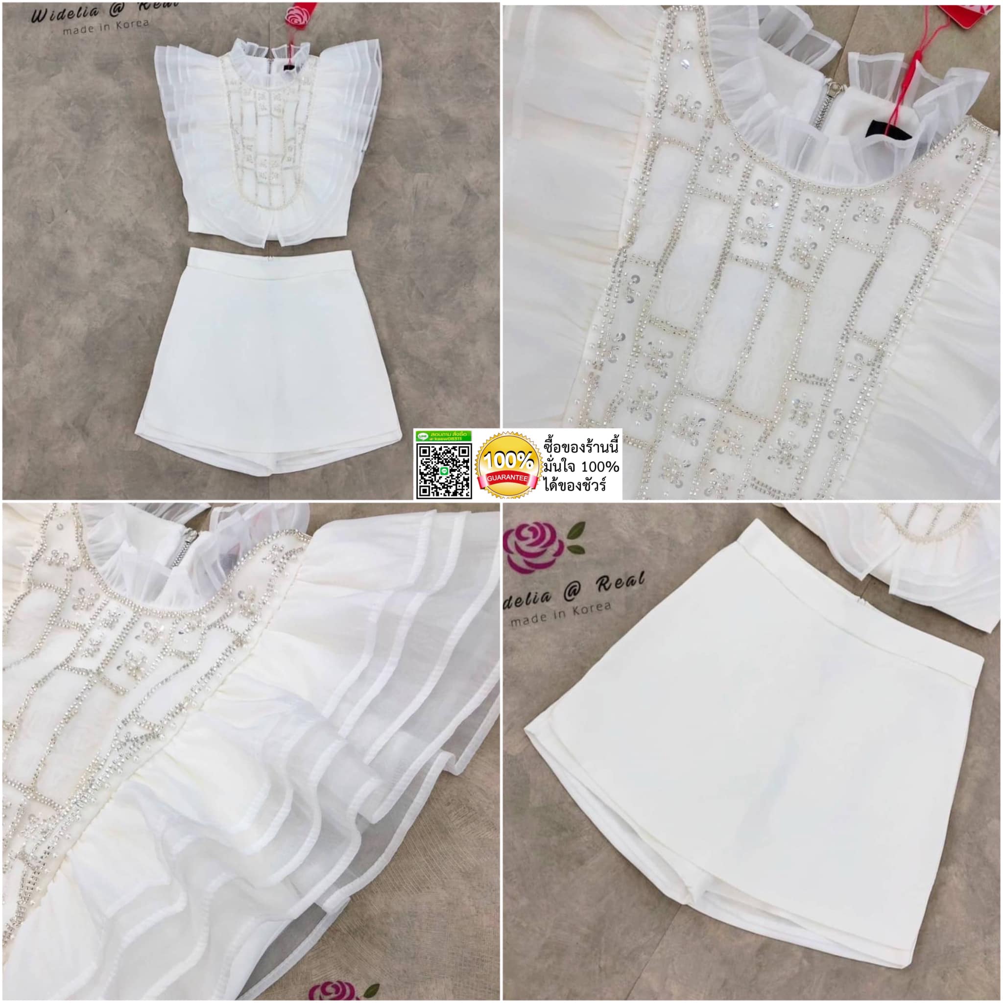 Set :: เซตเสื้อแขนกุดตัวสวยทรงดี เก๋ด้วยระบายสวยเด้งเป็นเลเยอร์ ด้วยผ้าออกันซ่าเนื้อสวย มีกิมมิคปักแต่งลูกปัดช่วงอกสวย มาเค้าชุดกับกางเกงขาสั้นทรงสวย สินค้าคุณภาพ (พร้อมส่ง) .