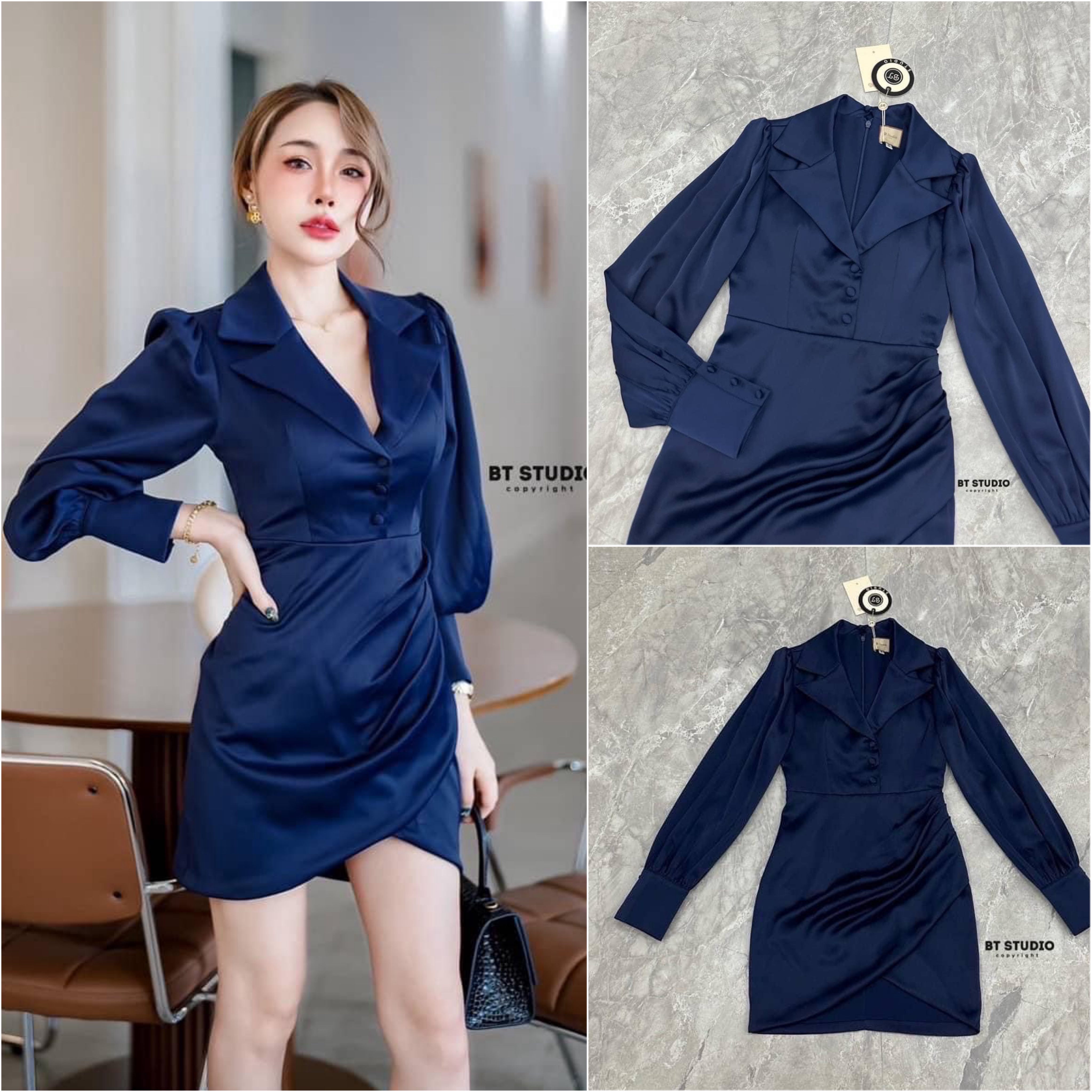 เดรสเชิ้ตสั้น แต่งคอปก แขนยาว ช่วง ไหล่แต่งพอง ๆ เล็กน้อยปลายแขนแต่งขอบติด กระดุม กระโปรงแต่งจับจีบเฉียงปลายชายแต่ง เว้ากลางแหวกไขว้เล็กน้อย ใส่สบาย : สินค้าคุณภาพ (พร้อมส่ง)