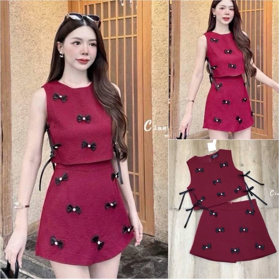 Set เสื้อ+กระโปรงกางเกงตกแต่งโบว์ทั้งชุด งานสวยเก๋มากๆค่ะ ใส่สบาย : สินค้าคุณภาพ (พร้อมส่ง)