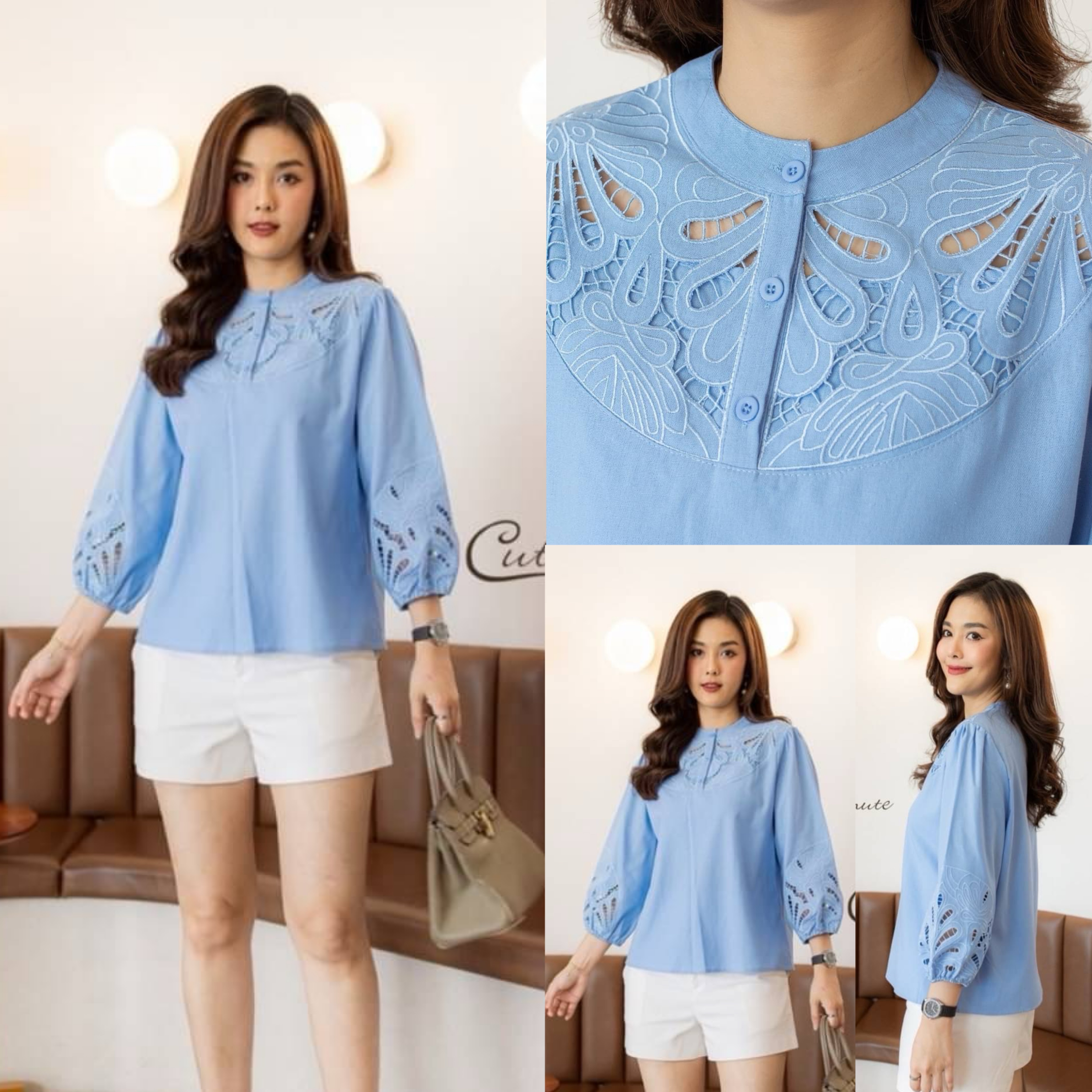 เสื้อลินิน ปักเจาะฉลุ ขอบแขนใส่ยางยืดยืด ได้เยอะค่ะ ใส่สบาย : สินค้าคุณภาพ (พร้อมส่ง)