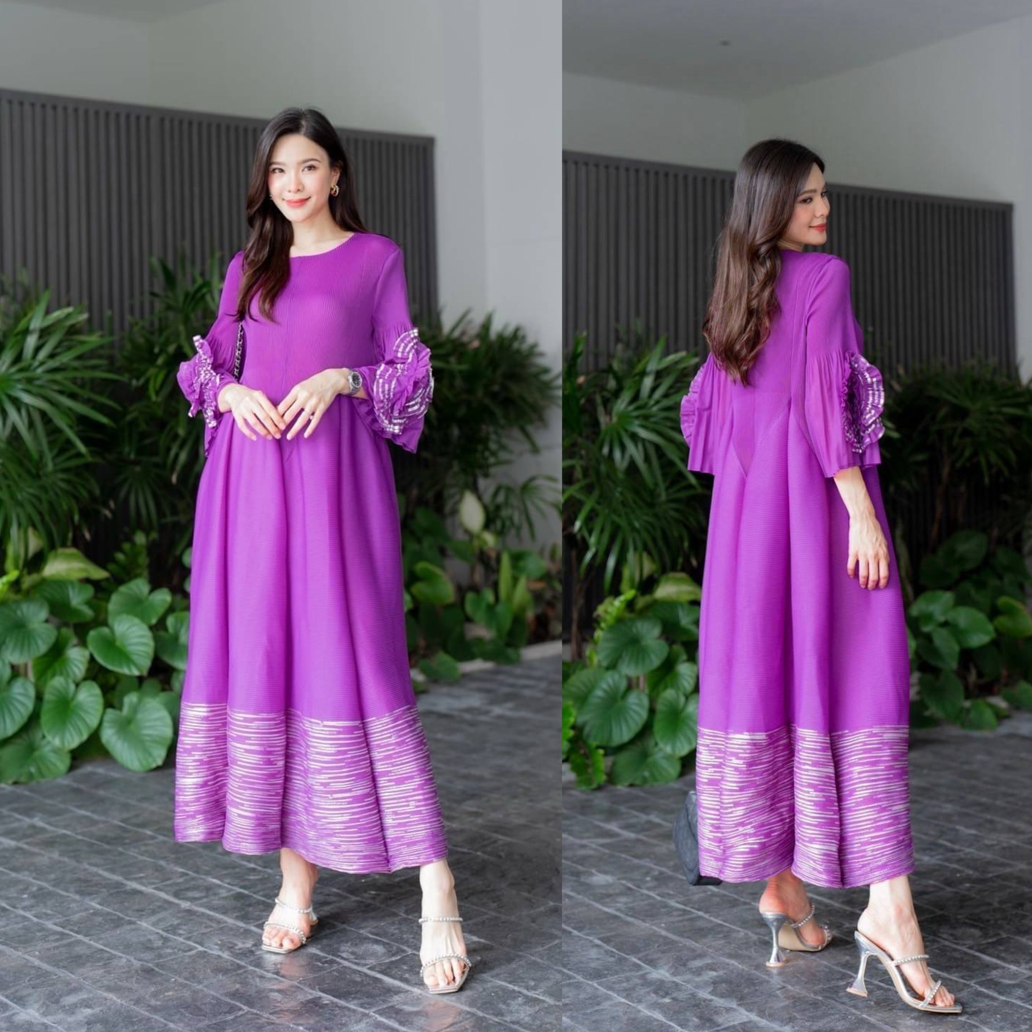 เดรสตัวยาวอัดพลีท คอกลม ทรงแขนตุ๊กตา แต่งพุ่มดอกกุหลาบชายแขน 🌹🌹เกรด Premium 👍🏻 ใส่สบาย : สินค้าคุณภาพ (พร้อมส่ง)