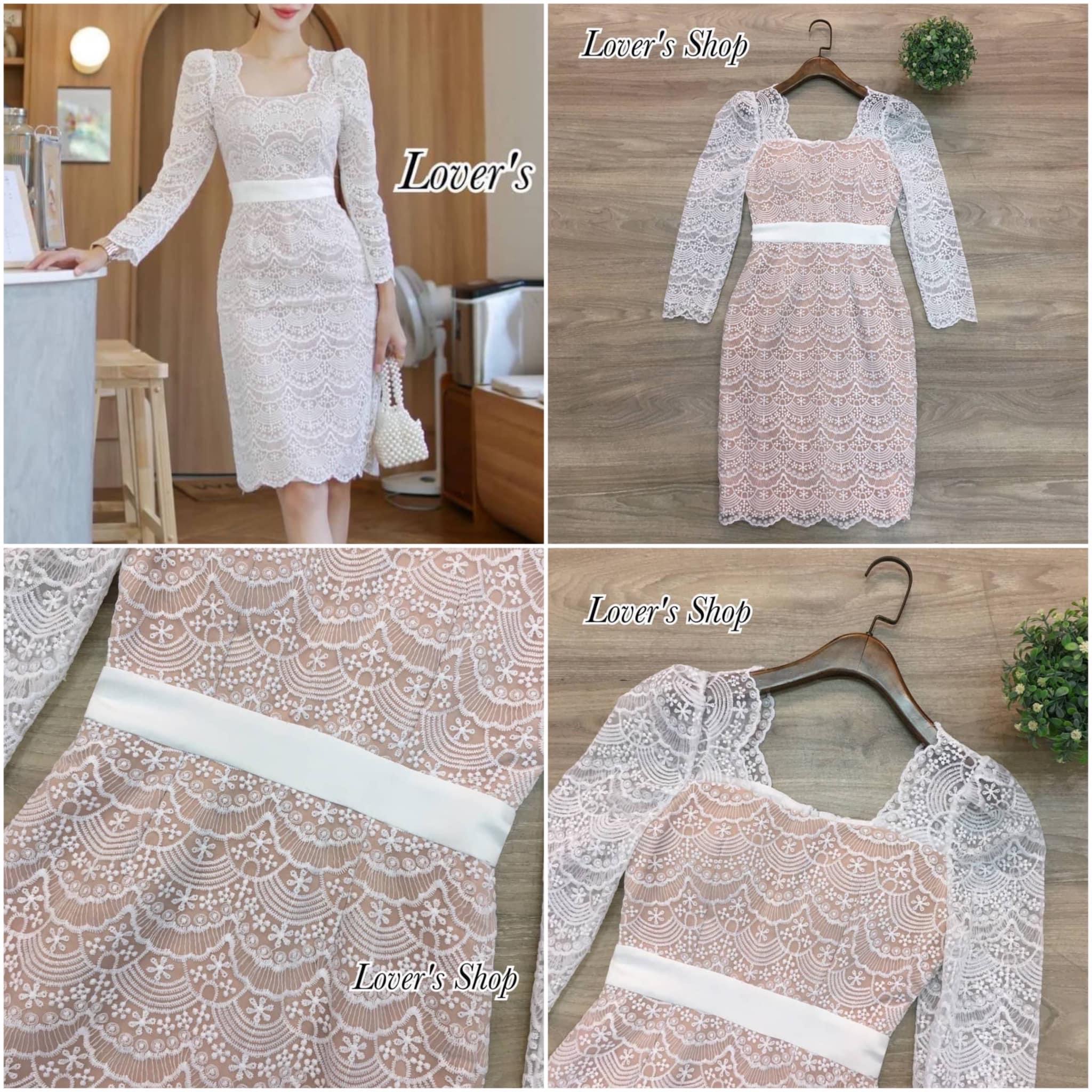 เดรสลูกไม้แขนยาว ทรงสอบเข้ารูป ลุคเรียบหรูดูผู้ดี ผ้าลูกไม้ทออย่างดี ใส่สบาย . สินค้าคุณภาพ (พร้อมส่ง)