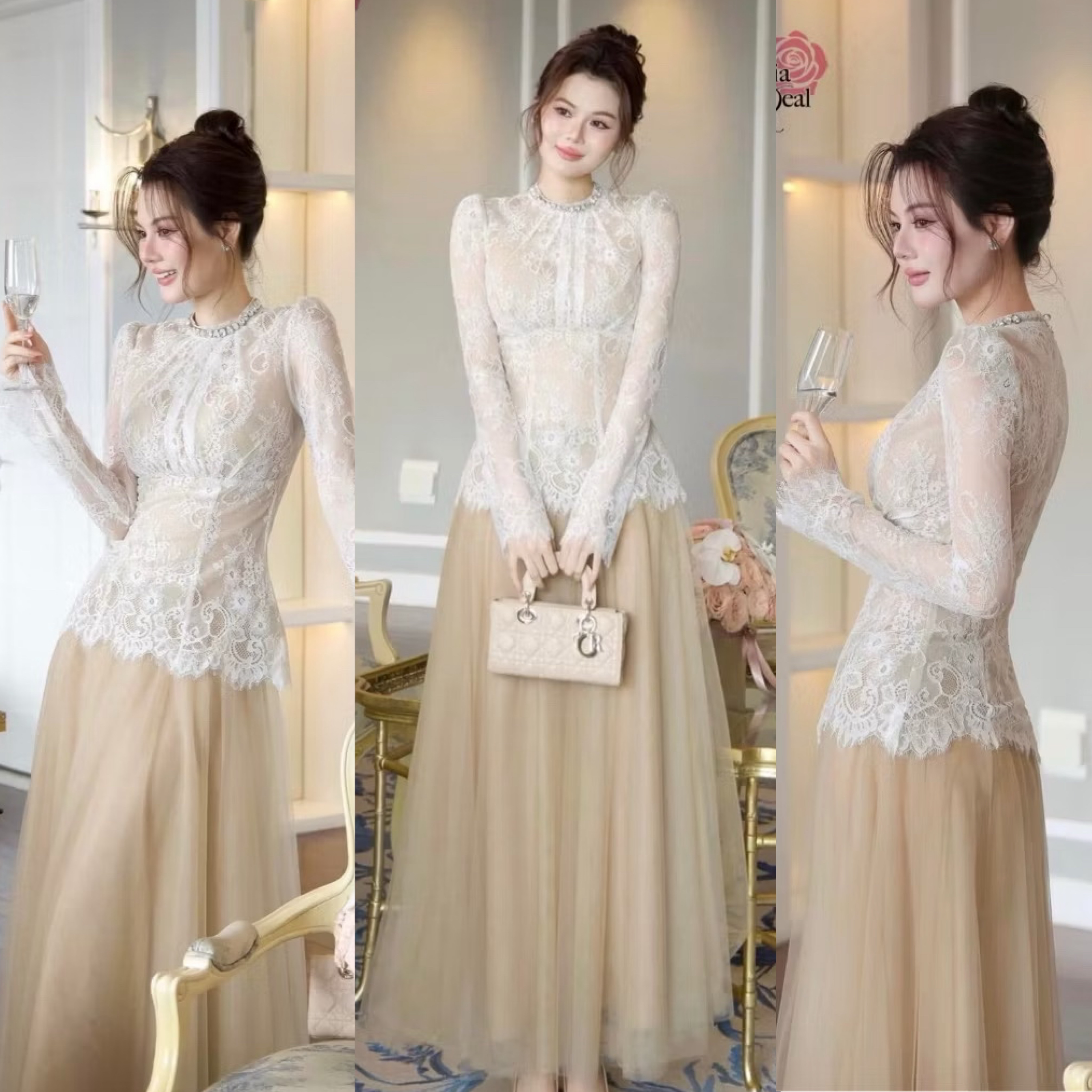 Maxi dress แม็กซี่เดรสตัวยาว แขนยาว คอเย็บเพชร ช่วงบนเนื้อผ้าลูกไม้เนื้อนิ่มใส่สบายผิวมาก ช่วงกระโปรงเป็นผ้ามุ้งเนื้อนุ่มใส่สบายผิวเช่นเดียวกัน ซิปหลัง ใส่สบาย : สินค้าคุณภาพ (พร้อมส่ง)