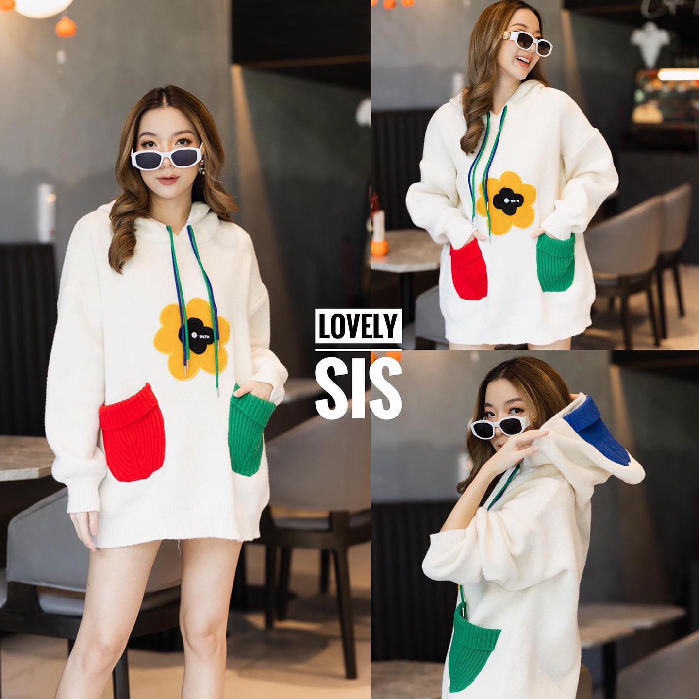 เสื้อไหมพรมแต่งฮู้ด มีดีเทลดอกไม้ 3D แต่งกระเป๋าสลับสี งานสวยผ้าทอเนื้อแน่น เกรดอย่างดี : สินค้าคุณภาพ (พร้อมส่ง)