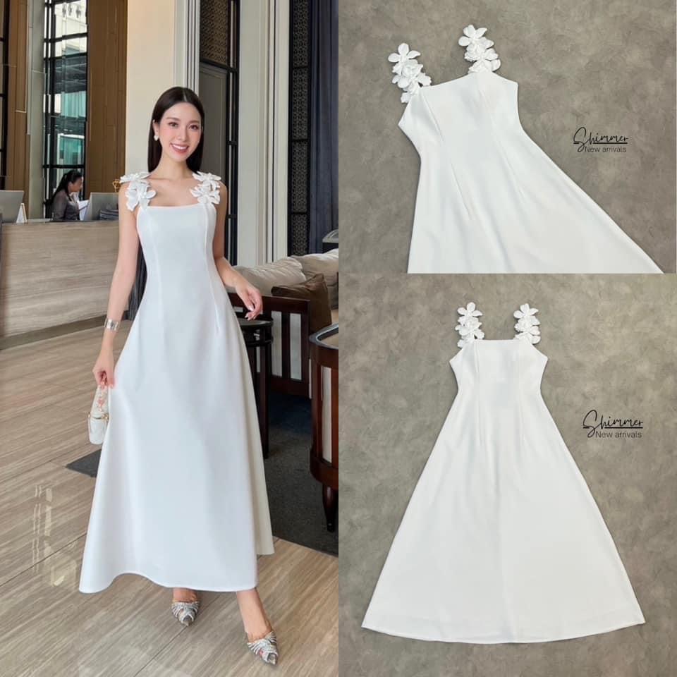 แม็กซี่เดรสสายเดี่ยวแต่งดอกไม้สุดหรู เนื้อผ้าพรีเมียมทั้งชุด : สินค้าคุณภาพ (พร้อมส่ง)