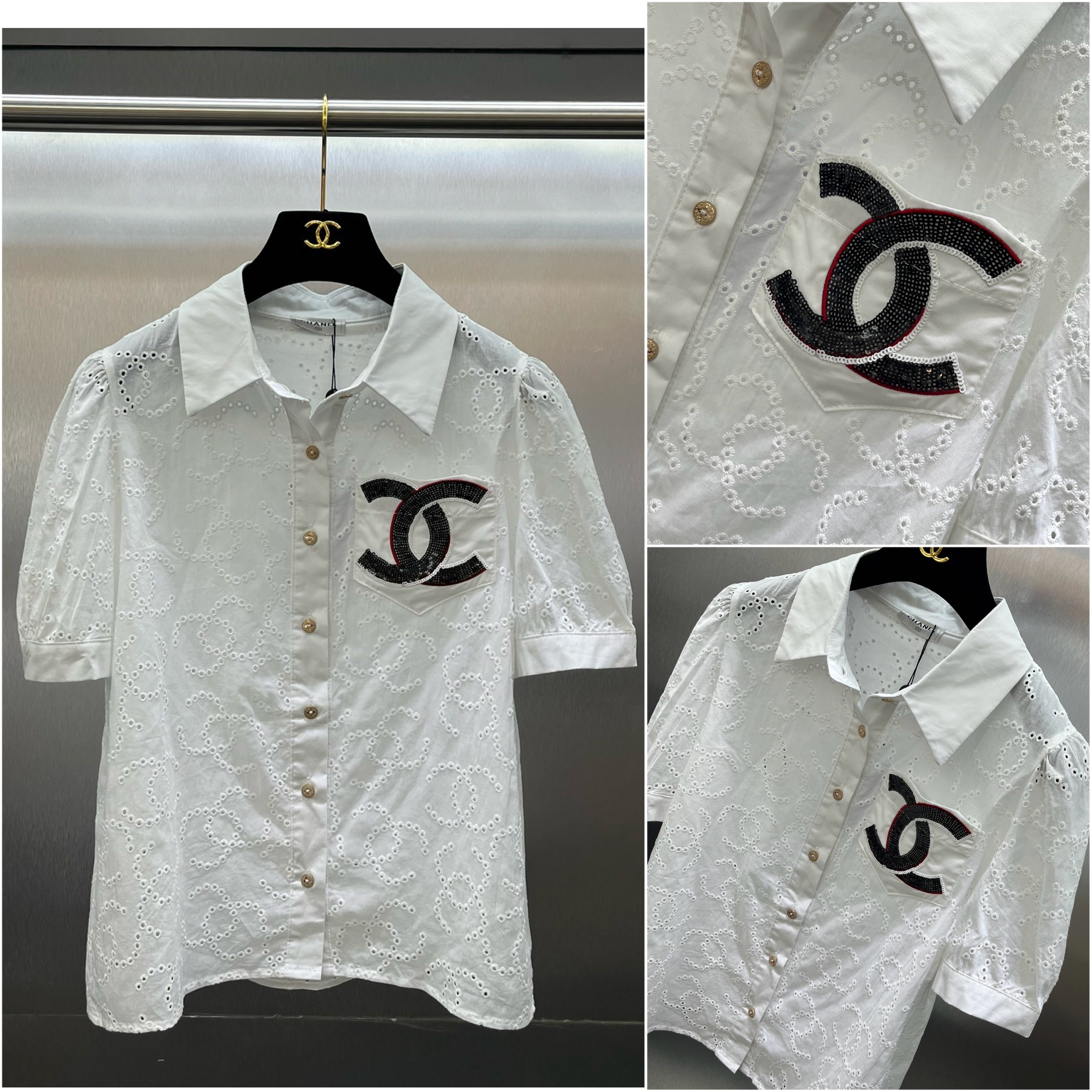 ชุดเซตเสื้อลูกไม้ฉลุ ลาย ปัก CC logo ผ้าสวยมาก ใส่เข้าชุดกระโปรง ผ้าลูกไม้ฉลุลาย ใส่เข้าชุด สวยเรียบหรู งาน ไฮเอ็น : สินค้าคุณภาพ (พร้อมส่ง)